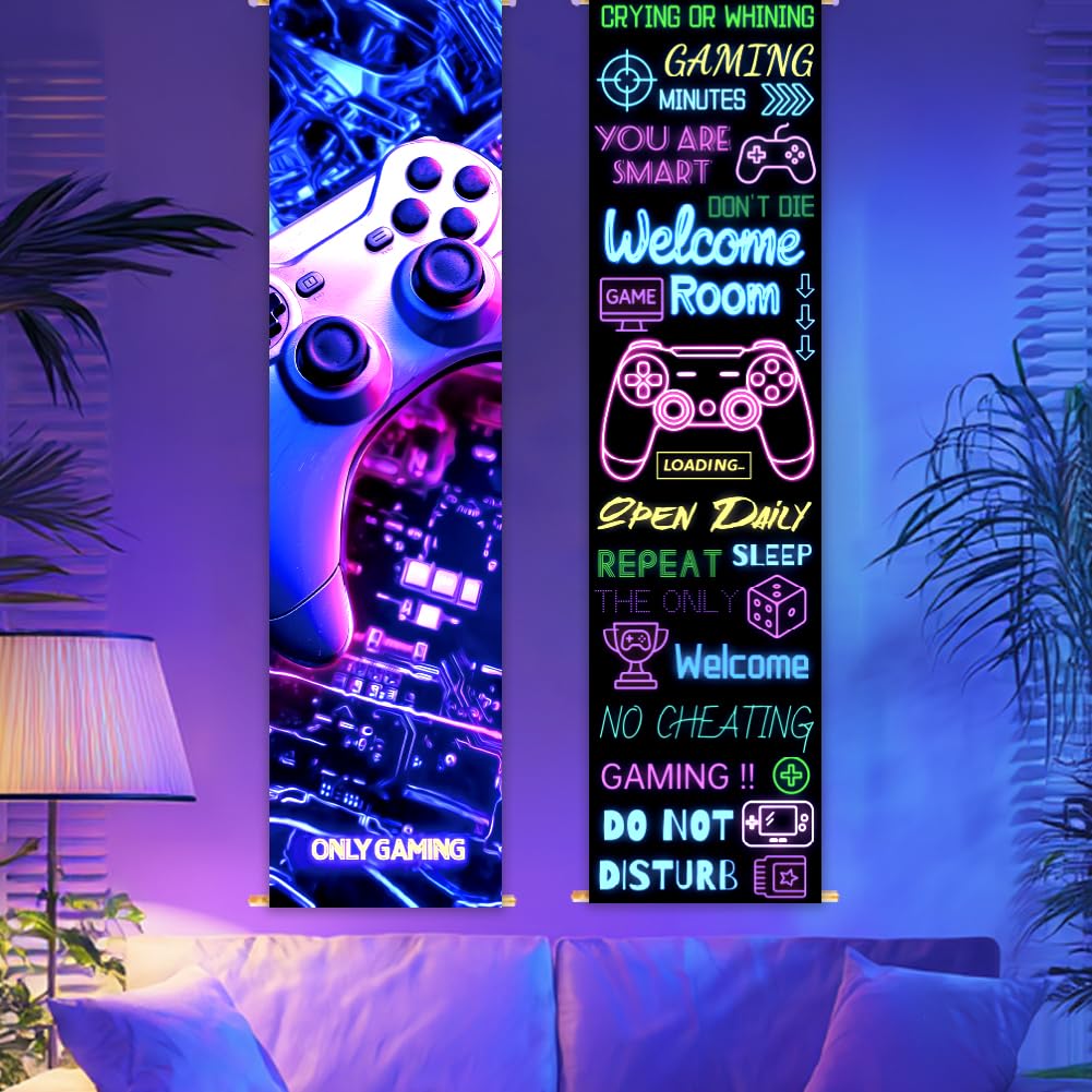 CRAFTYMELODY 2 Pack Blacklight Gaming Tapestry Glow in the Dark Neon Game Controller Tapestry UV Reactive Wall Hanging 12.9×51 Inch with Rope Wooden Rod for Bedroom Dormitory Home Wall Decoration — image 1