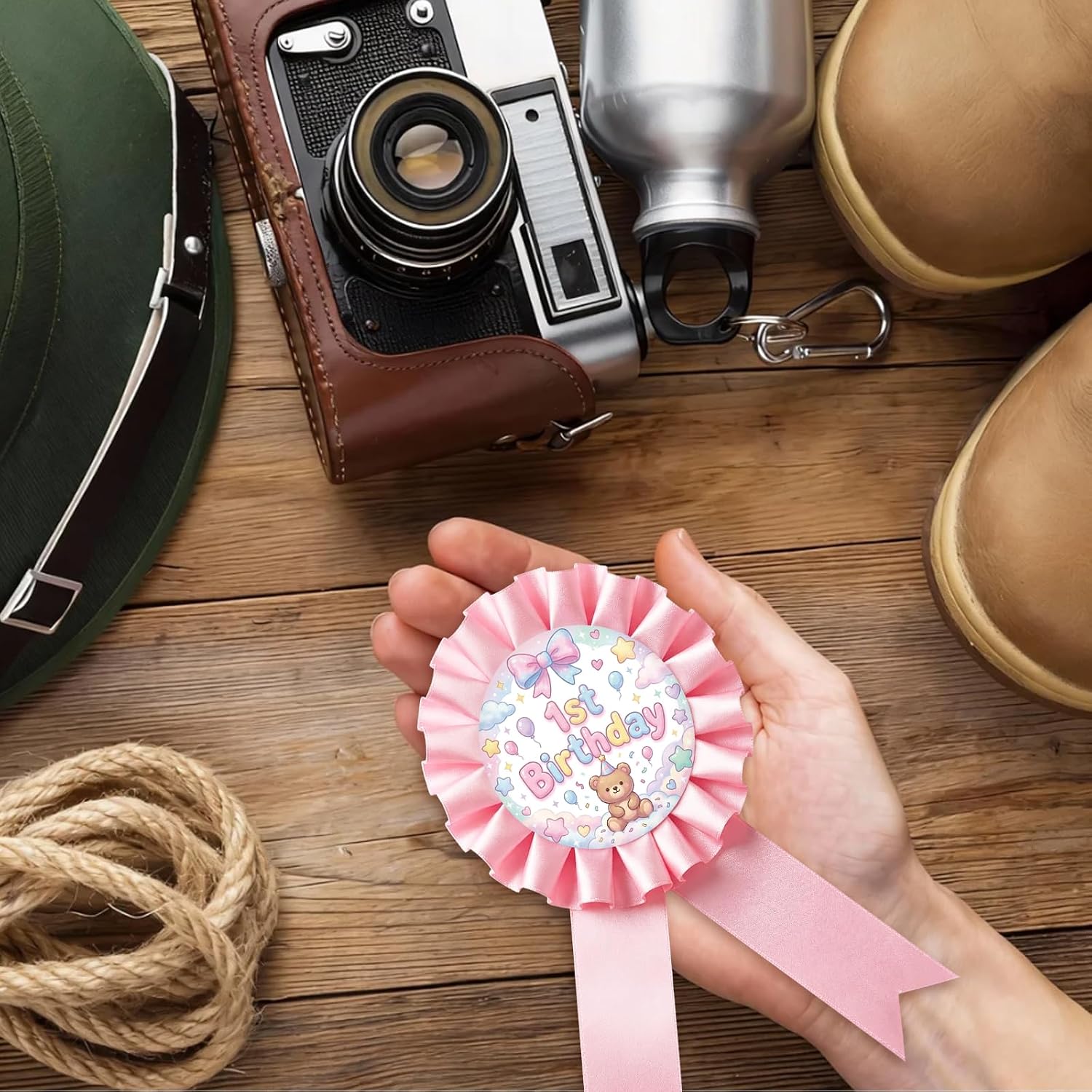 Bear 1st Birthday Tinplate Badge Pin, Pink Bow Beary Birthday Girl Award Ribbon Button, Pink Rosette One Year Old Brooch Pin for Girl, Cute Bear Themed 1st Anniversary Party Decoration