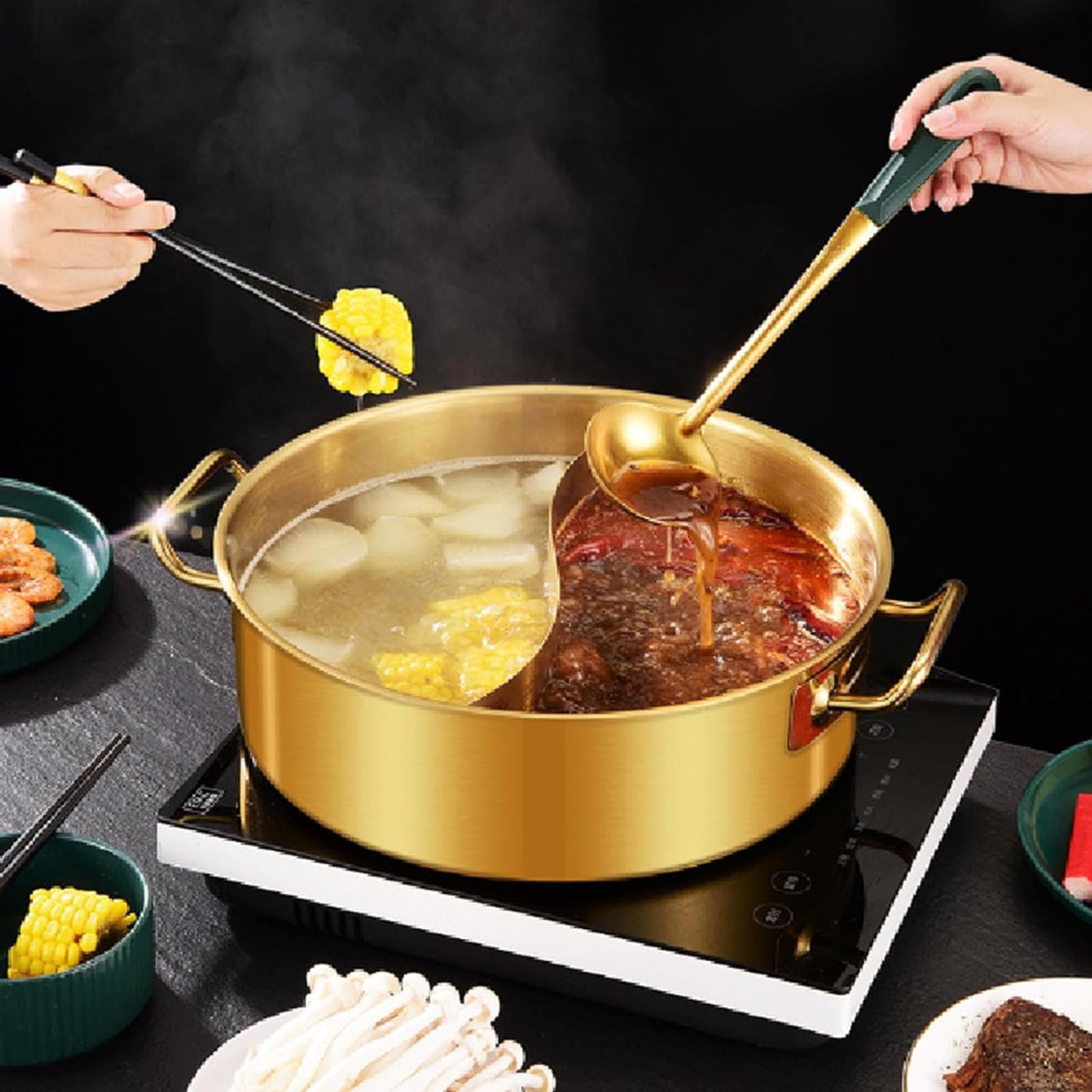 Kochtopf ShabuPot mit Trennwand und Deckel, Shabu-Topf aus Edelstahl 304, Suppenkellen für Induktionsherd, Gasofen, Cerankochfeld, Suppenkelle im Lieferumfang enthalten, transparen