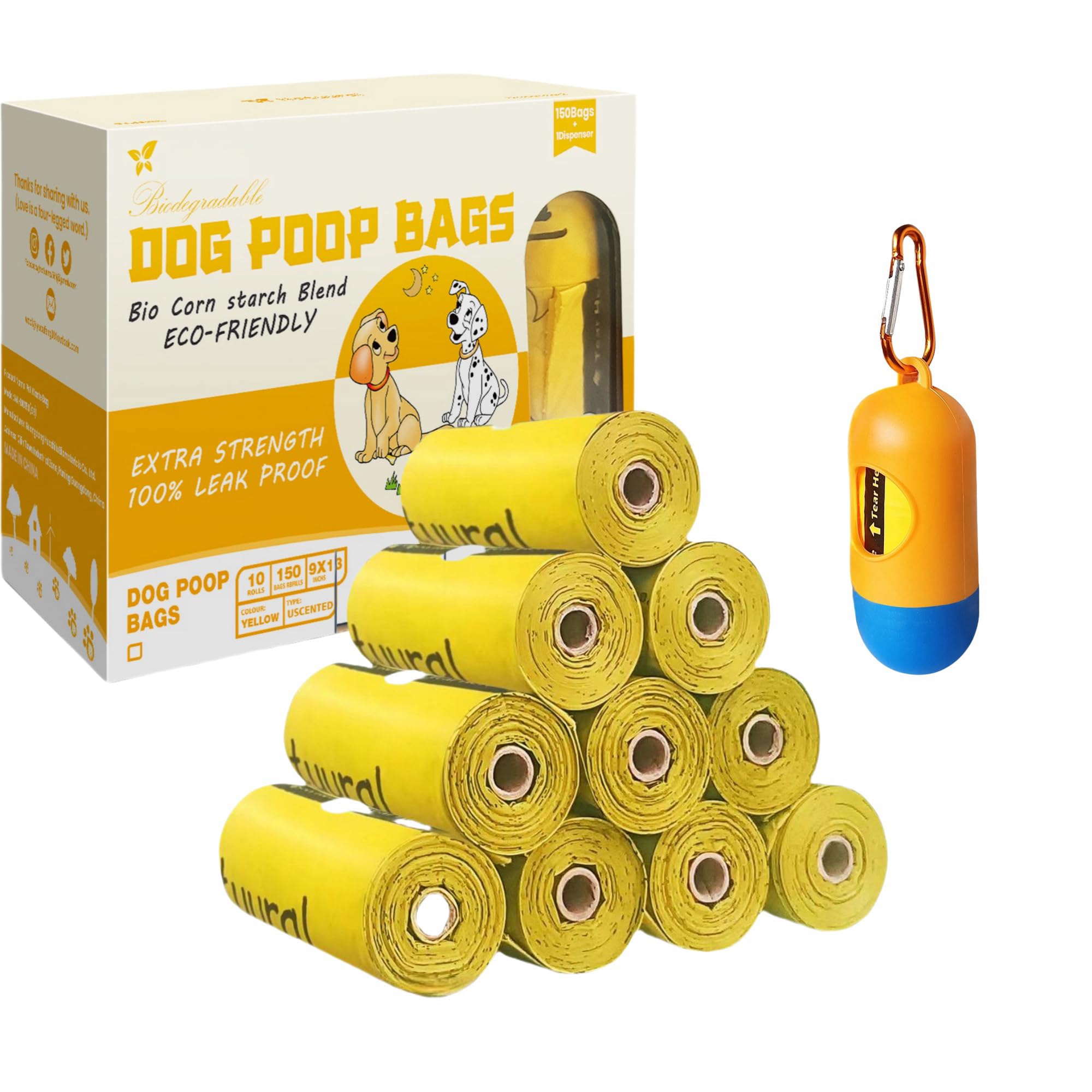 Photo 1 of Dog Poop Bags-150 Counts with Holder (10 Rolls), Biodegradable Poop Bags, Eco-friendly and Easy to Open, Thick Dog Waste Bags (Yellow