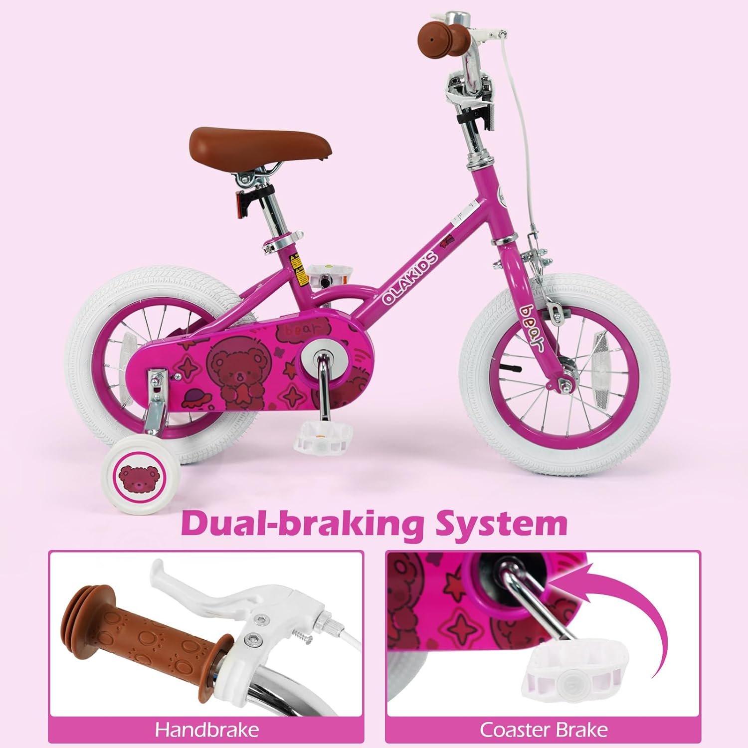 Olakids Kids Bike, 12 14 16 18 Inch Bear Themed Toddlers Bike with Training Wheels Adjustable Seat Handlebar Coaster Brake and Handbrake, Children's Bicycle for Boys Girls