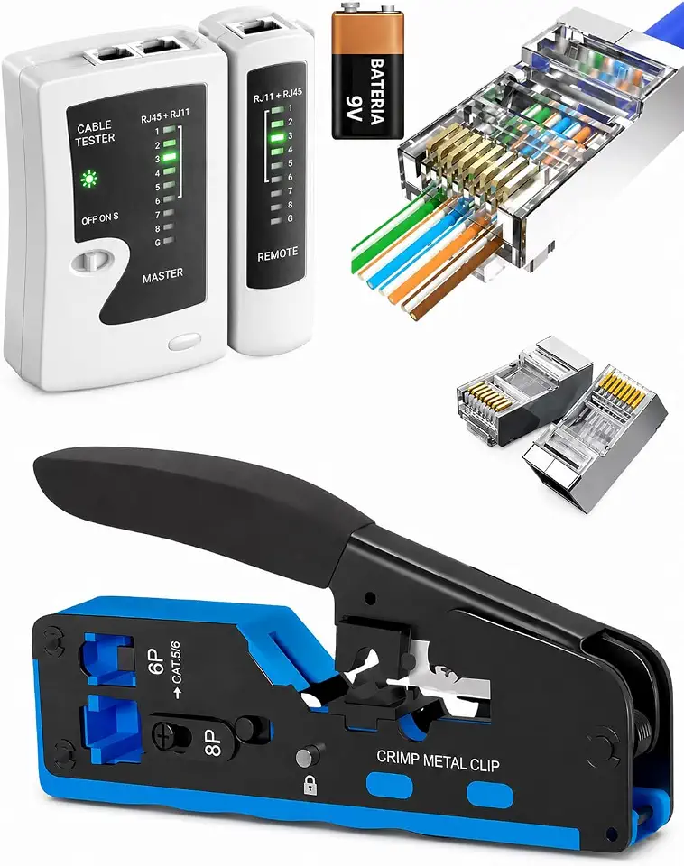 Alicate de Crimpar RJ45 Vazado com Testador de Cabo e 20 Conectores RJ45 Blindados EZ