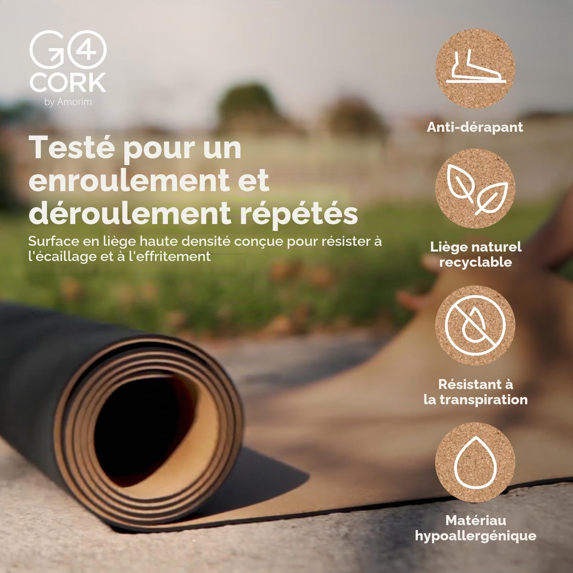 Go4Cork Tapis de Yoga Liège Antidérapant, Naturel/Noir, 195 x 65 x 0,4 cm | Grand & Écologique, Léger & Compact, pour le Sport à Domicile, Fitness, Pilates & Étirements