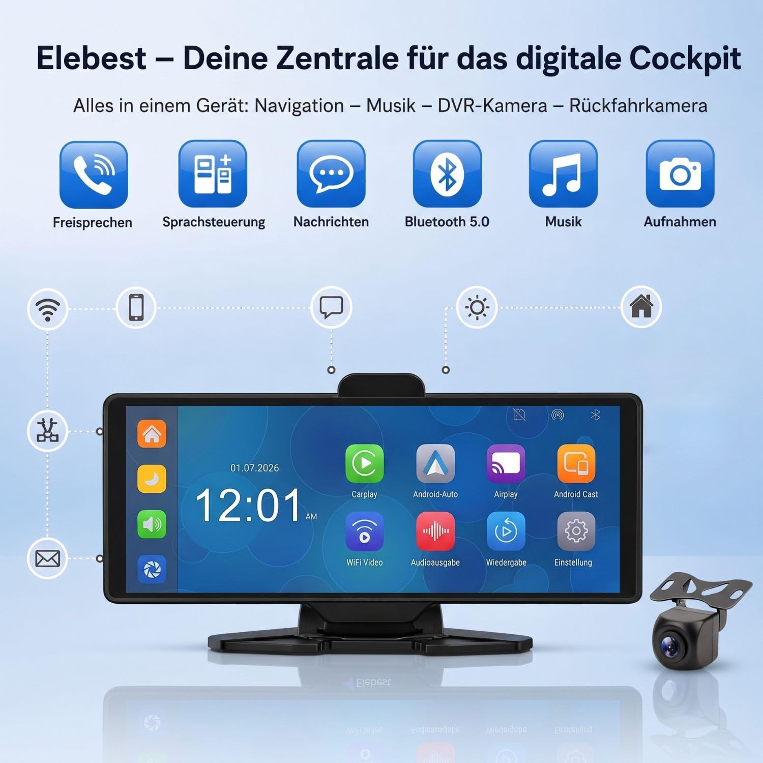 Elebest CarPlay C1026 – 10,26 Zoll Touch Navi mit kabellosem Apple CarPlay & Android Auto, 4K Dashcam vorne, Rückfahrkamera, GPS, Bluetooth & Sprachsteuerung