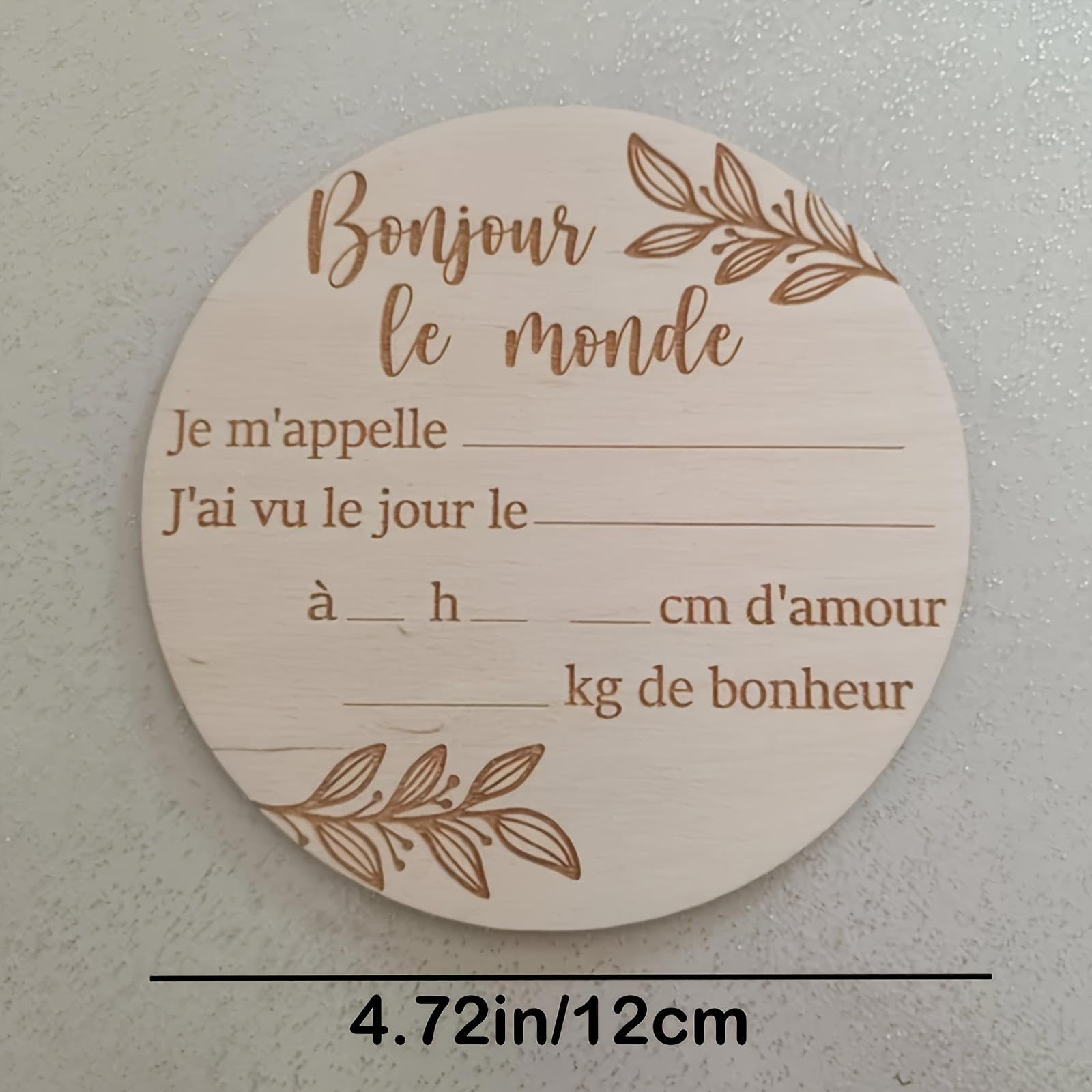 Générique En bois bébé plaque commémorative ronde pièce de bois Bonjour mot circulaire nouveau-né mensuel plaque Photo Prop pour la photographie de douche de bébé