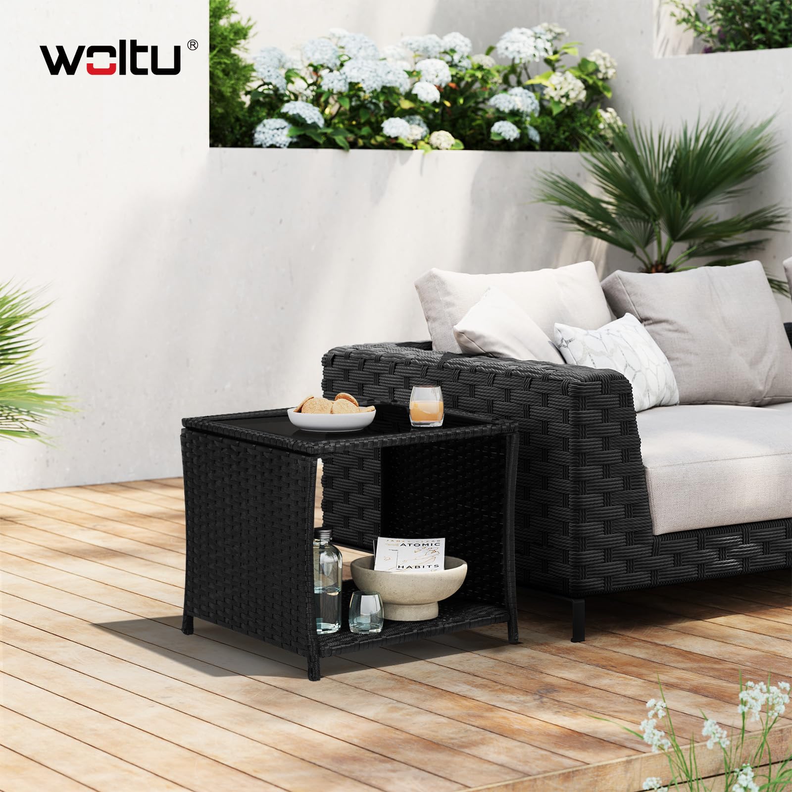WOLTU Polyrattan Gartentisch, 45x40x45 cm, Beistelltisch mit Glasplatte offenem Fach, Balkontisch wetterfest, Terrassentisch, Outdoor Tisch, Schwarz