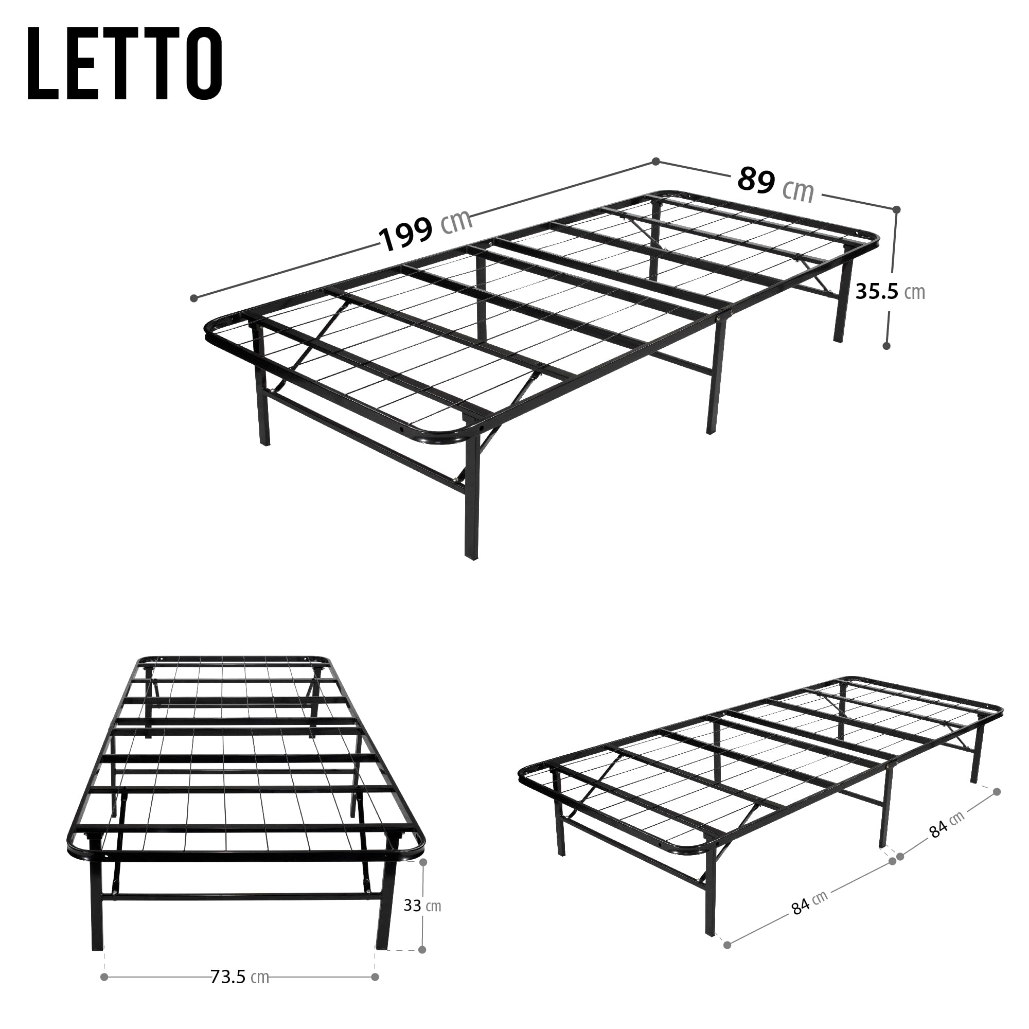 i-flair Klappbett Metall 90x200 cm Letto in Schwarz – Faltbares Gästebett mit stabilem Rahmen & Stauraum – platzsparendes Metallbett für Gäste, langlebiges Faltbett, klappbar & leicht zu verstauen