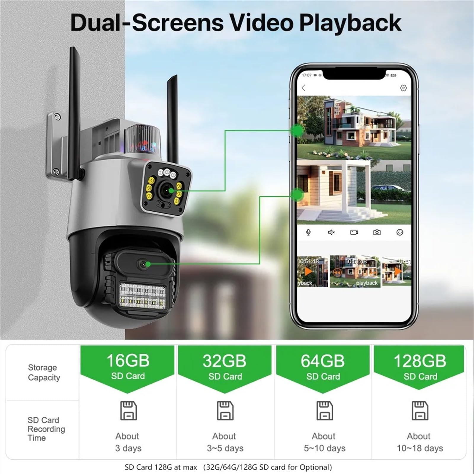 Kamera IP 8 MP 4K HD Zewnętrzna kamera PTZ z dwoma obiektywami 4 MP Automatyczne śledzenie Alarm nadzoru wideo Łatwa instalacja(4MP NO SD Card)