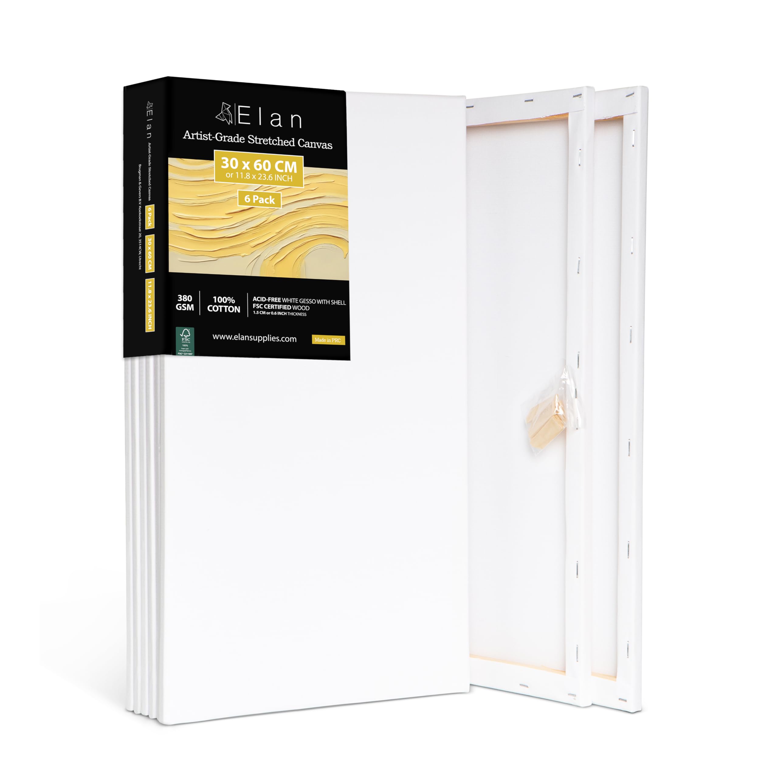 Elan Stretched Canvases 30x60 CM, 6-Pack Artist Canvas for Painting 380 GSM