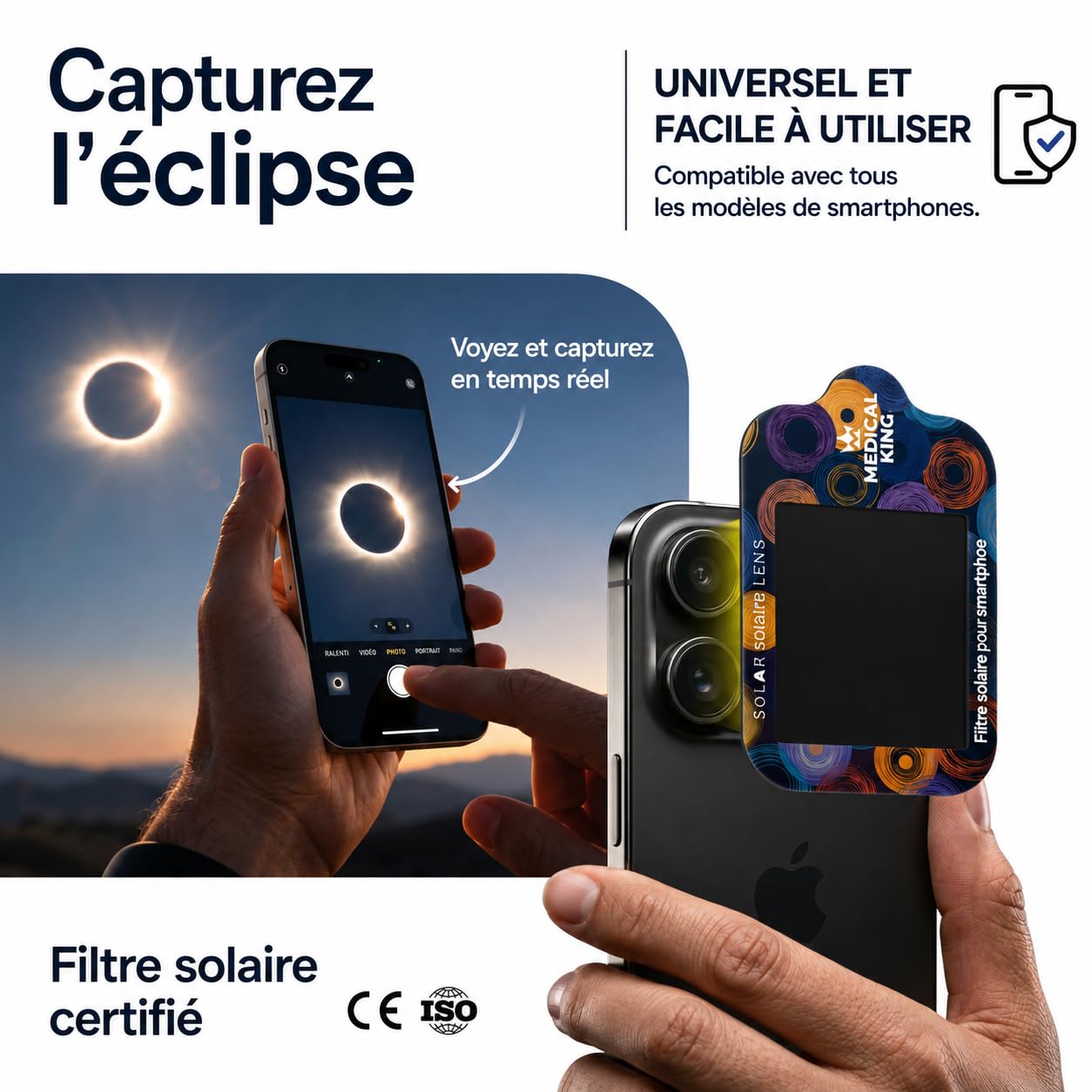 Lunettes Eclipse Solaire ISO 12312-2 Lot de 50 Paires avec 2 Filtres pour Smartphone, Protection des Yeux CE