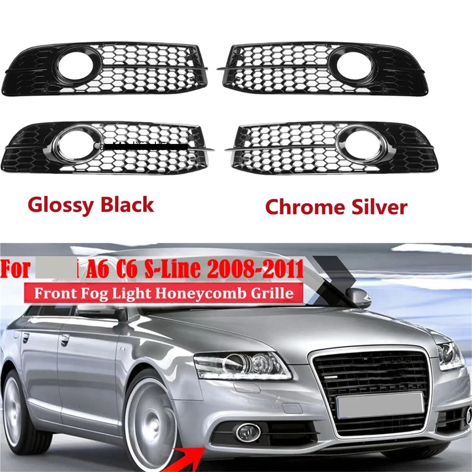 Griglia anteriore compatibile con Audi A6 C6 S-line S-Facelifted 2008-2011 Paraurti anteriore Fendinebbia Griglia di copertura della lampada a nido d'ape 4F0807681Q01C(Chrome Silver)