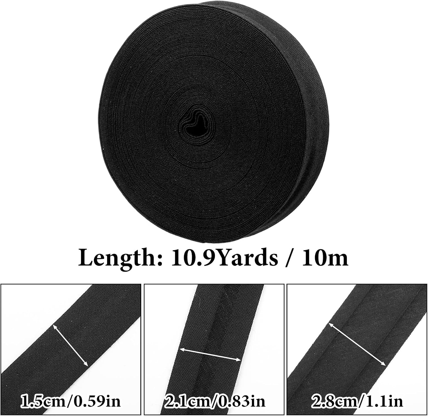 Double Fold Bias Tape, 1/2 Inch 10 Meters Bias Tape for Sewing - Black Polyester Fabric Roll for Hemming Seaming Binding Crafts