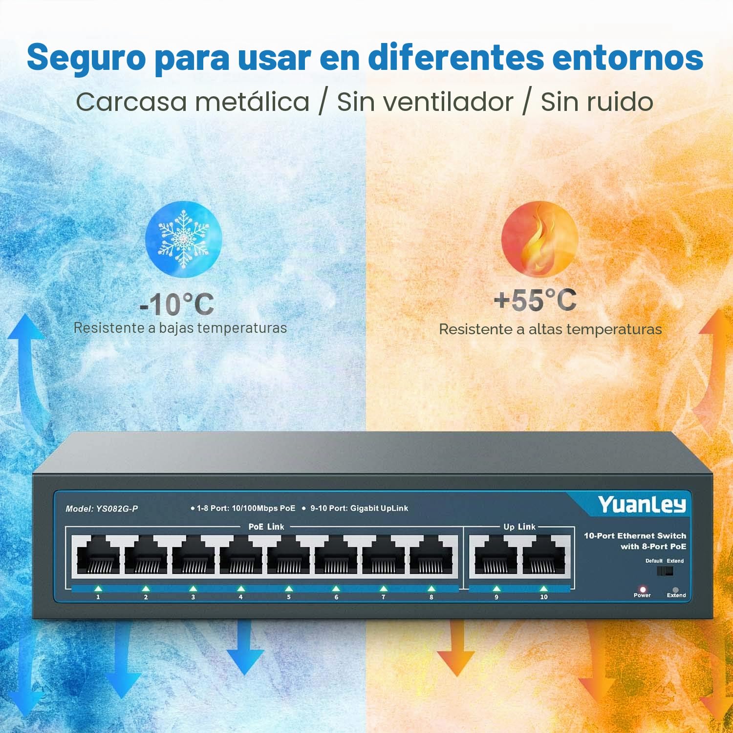 YuanLey 10 Port PoE Switch, 8 PoE+ Port 100Mbps, 2 Uplink Gigabit, 120W 802.3af/at, Función de Extensión, Sin Ventilador, Metal, Plug & Play