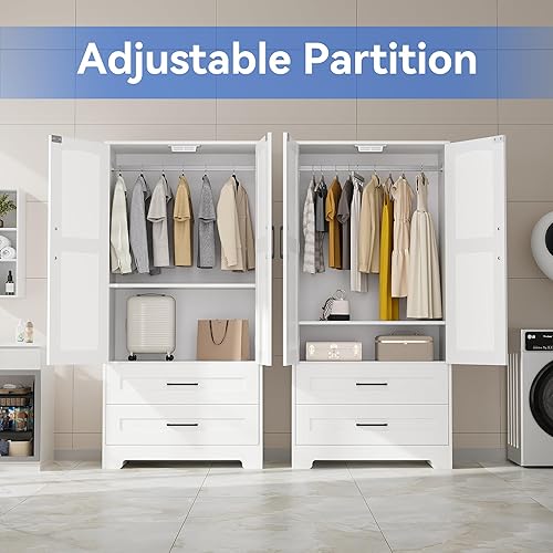 Miniatura 5 de Armario de madera con cajones, armarios de dormitorio con puerta y estantes, armario independiente de almacenamiento de ropa con barra para colgar