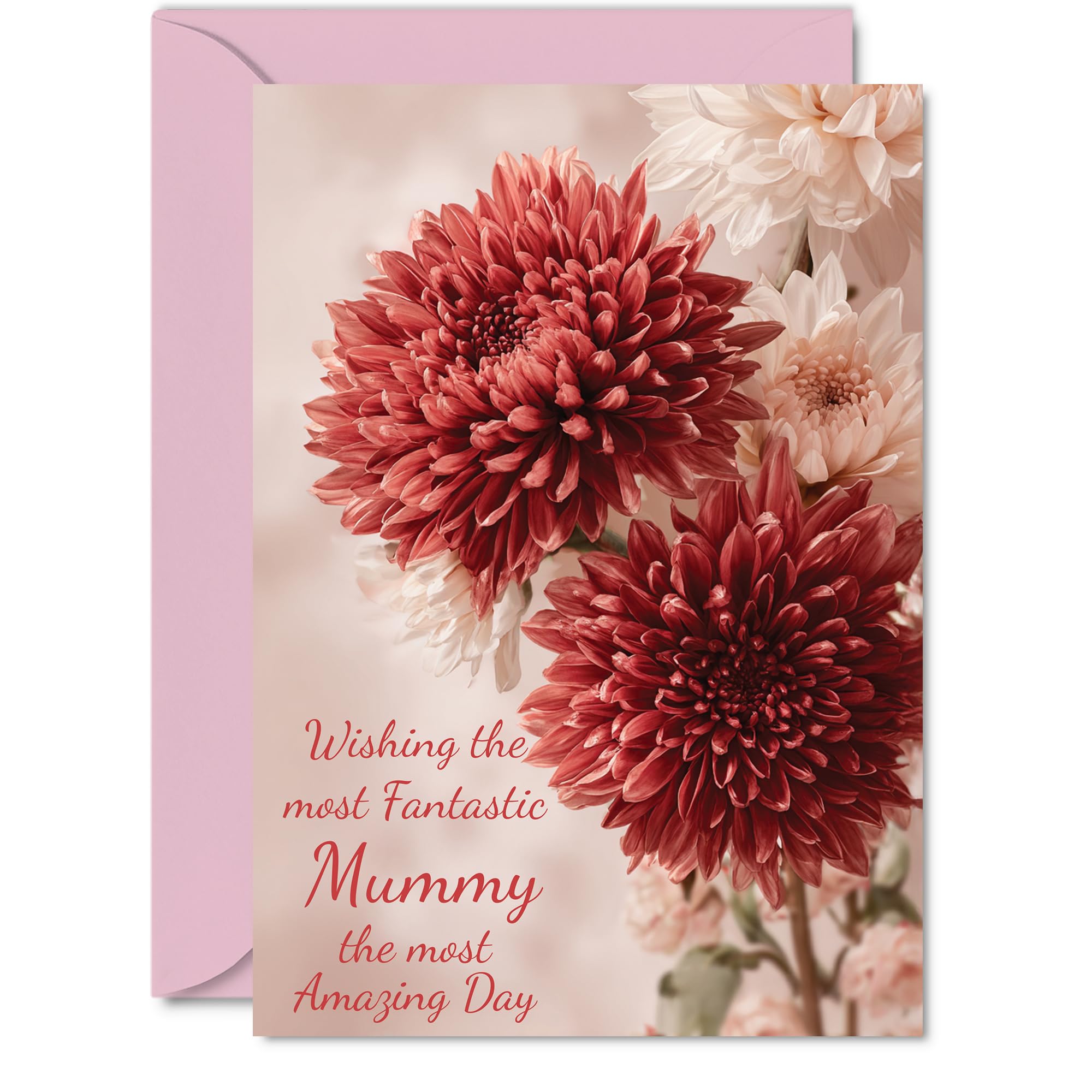 Mummy Birthday Card - Red Chrysanthemums - Happy Birthday Card for Mummy from Son Daughter, A5 Red Flowers Bday Greeting Cards