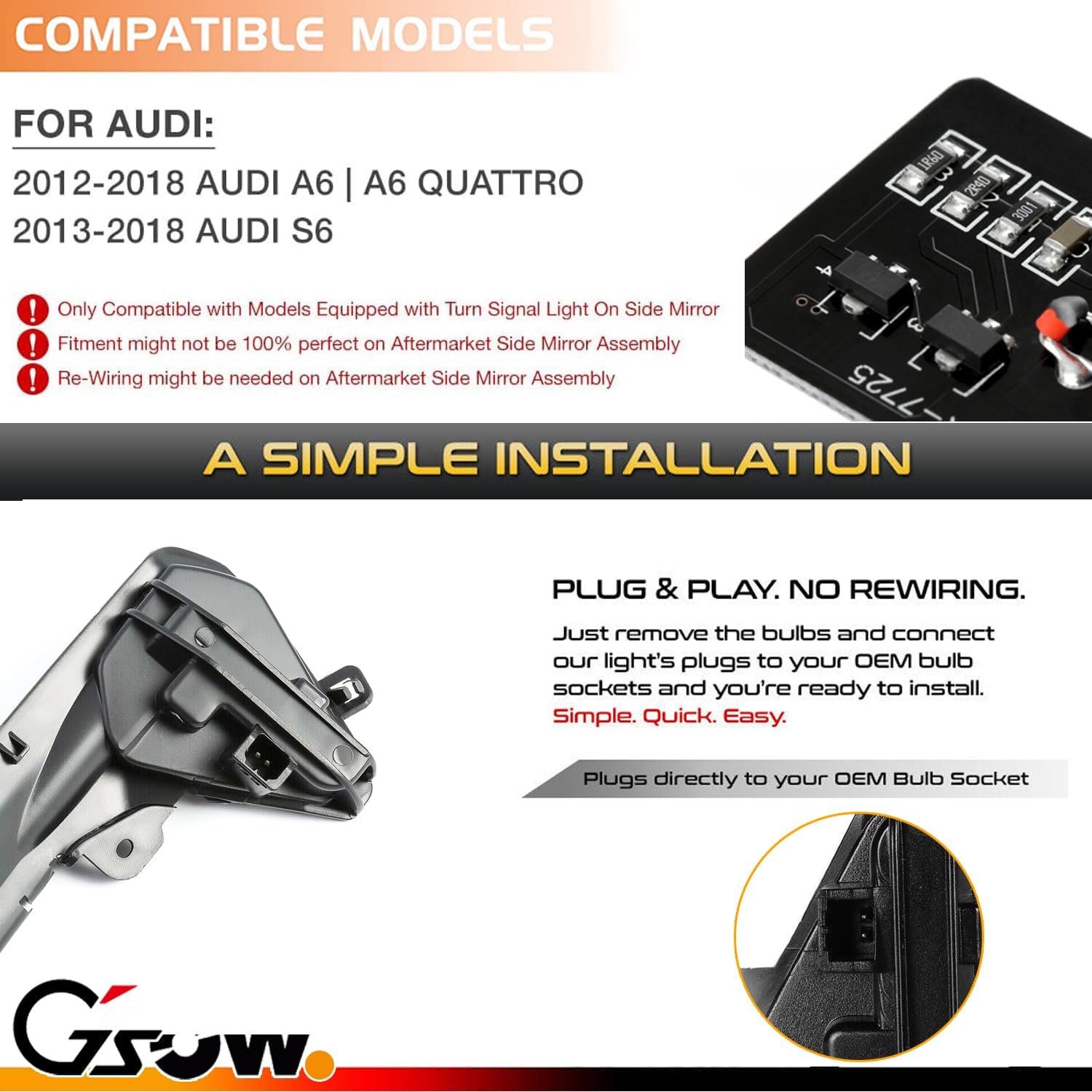 2 PCS Sequential Dynamic LED Side Mirror Turn Signal Lights for 2013-2018 Au-di A6 S6 RS6 4G C7 C7.5, Audi Accessories Clear Lens Turn Signal Indicator Lamp