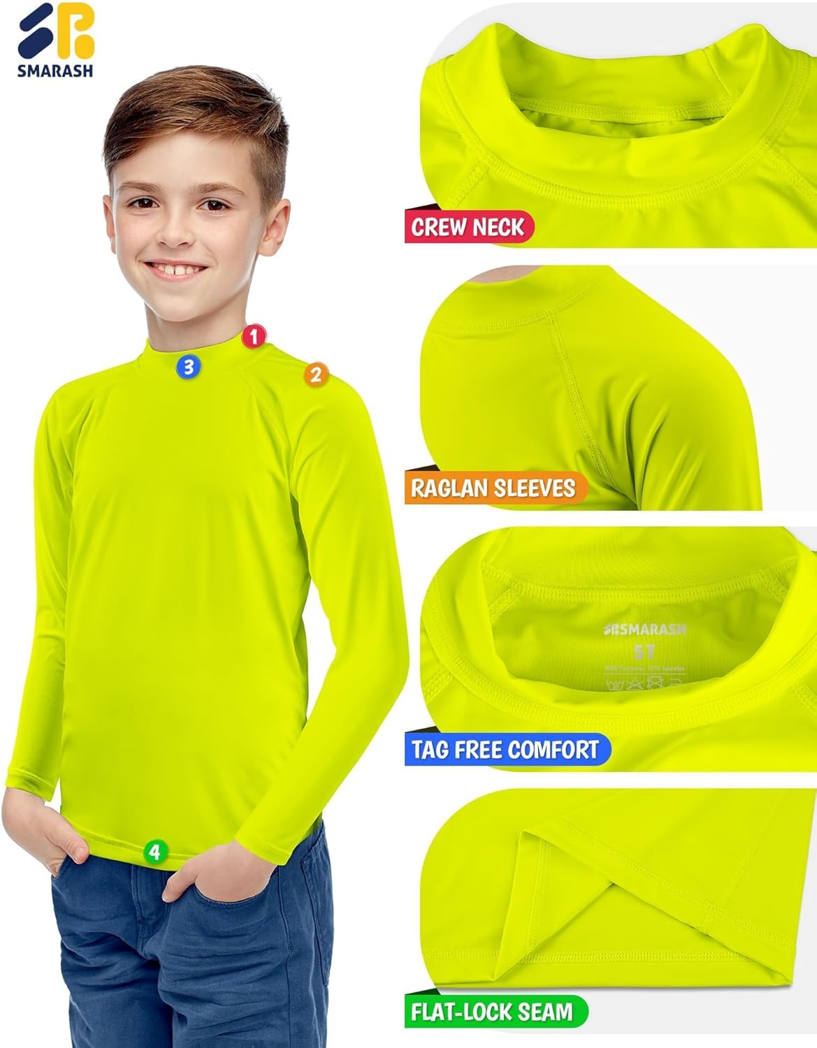 Boys Swim Shirts Long Sleeve Rash Guard Sun Protection UV SPF T Shirts Rashguard Swimwear Fishing Water Beach Shirts Lightweight for Little Kids Neon Yellow Size 6 - Image 6