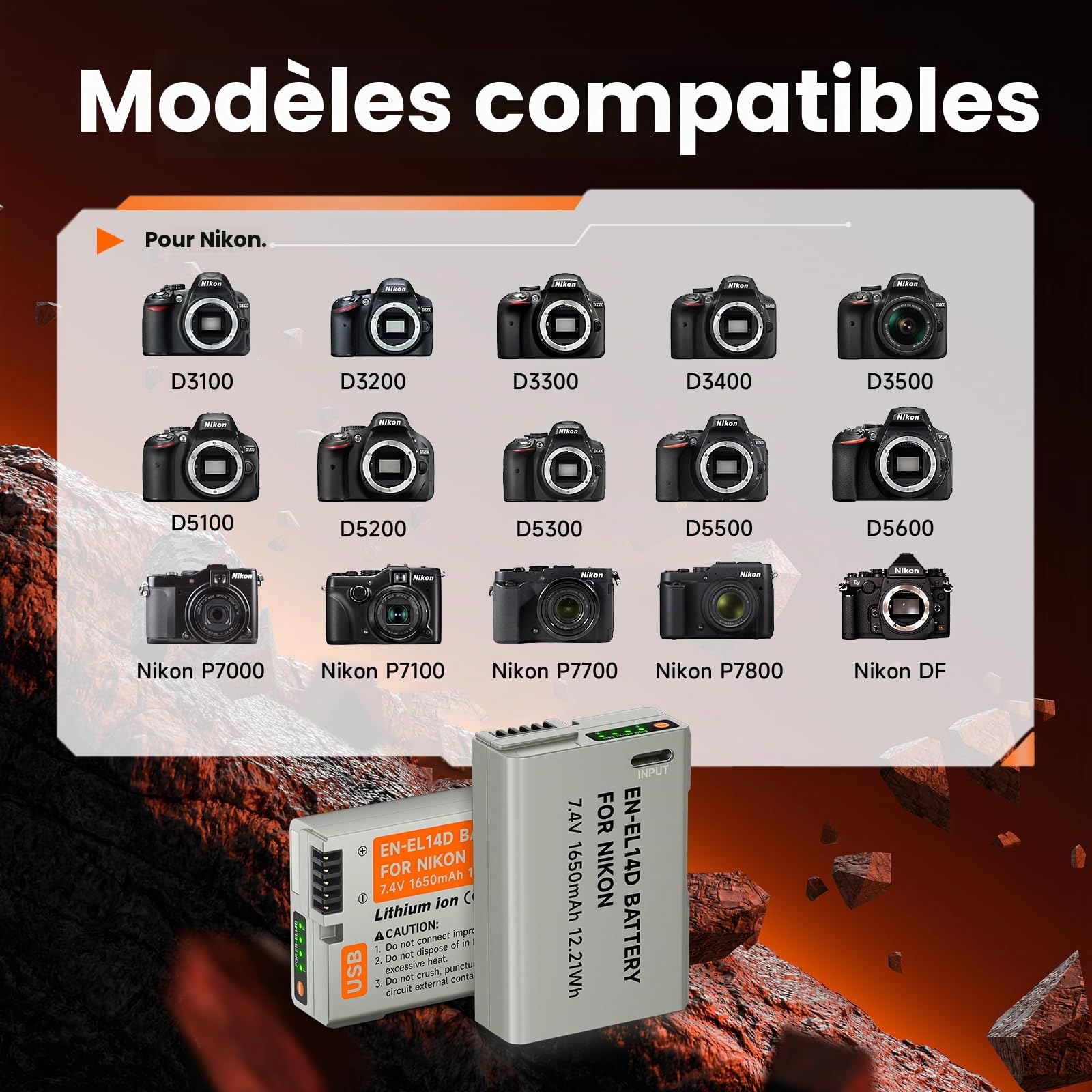 1650mAh ENEL14 Batterie de Rechange avec Câble de Charge USB-C pour Nikon D5600, D5100, D5200, D5300, D5500, D3100, D3200, D3300, D3400, D3500, P7000, P7100, P7200, P7700, P7800, DF (2Pcs)