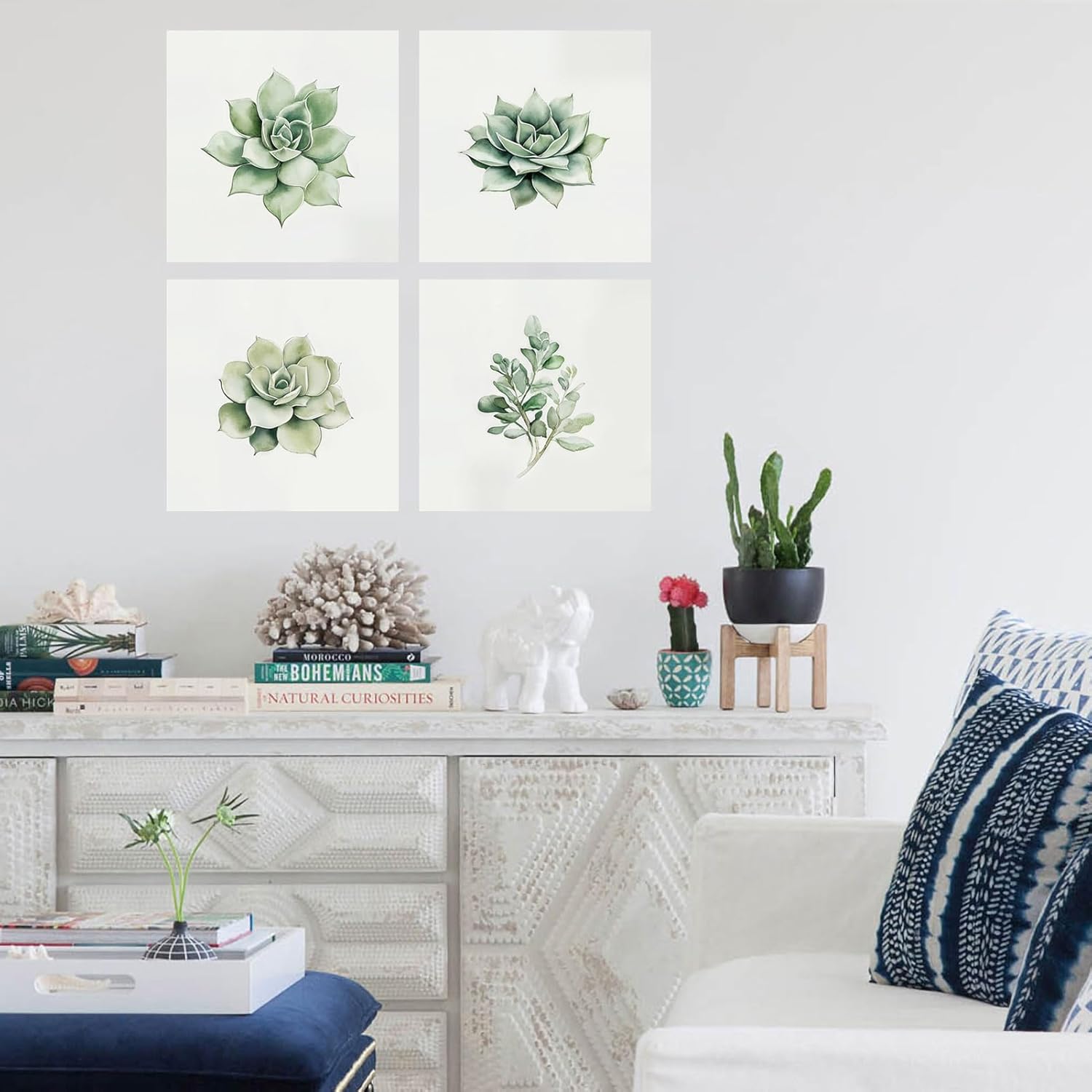 Kunstorner Succulent Wall Decor for Bathroom Set of 4 Succulent Pictures for Bathroom Watercolor Green Leaf Plants Print 12"x12"x 4Pcs