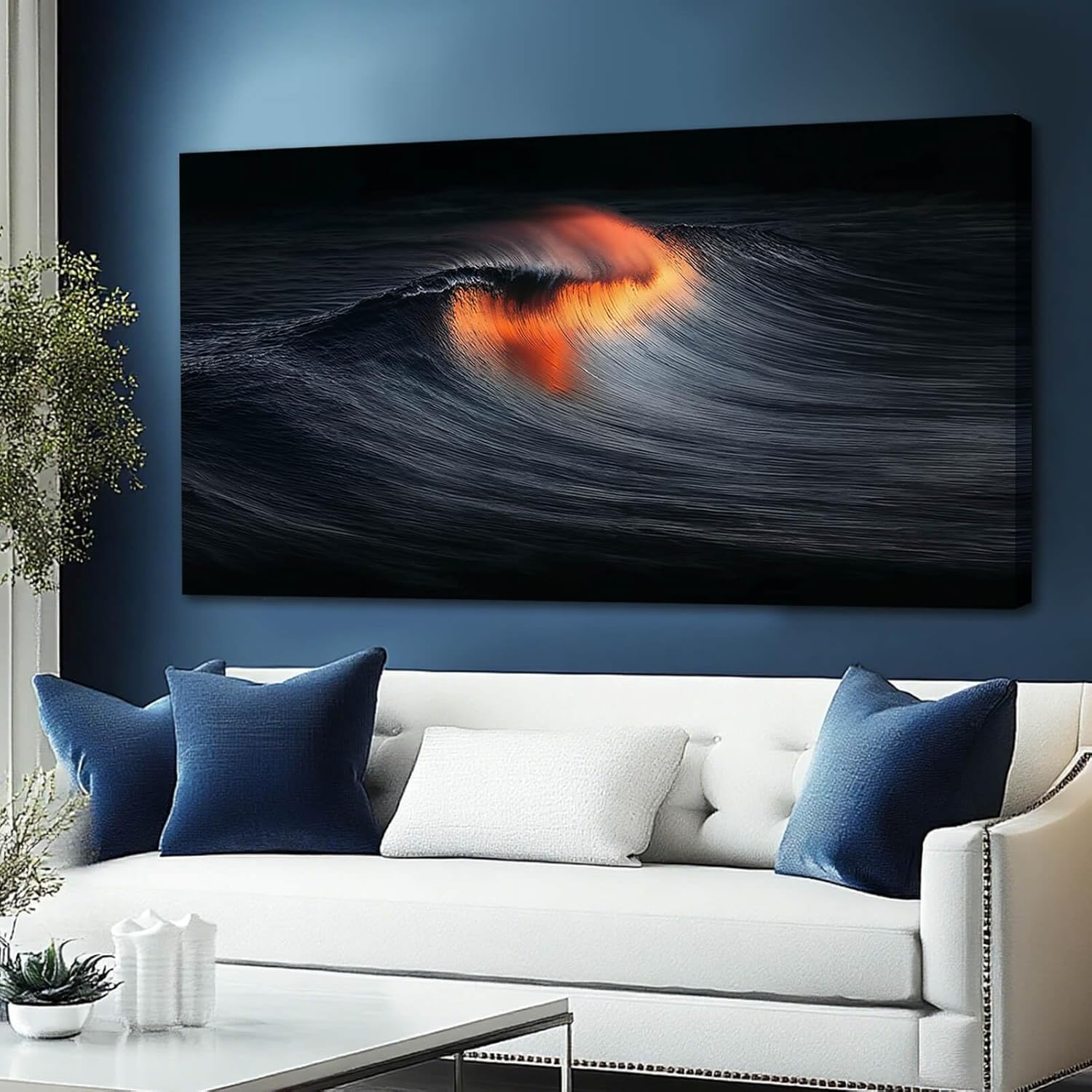 YETHEN WAL Abstract Wave Wall Art, Black Orange Ocean Canvas Prints, Modern Seascape Wall Decor for Living Room Bedroom Office 20x40 Inch
