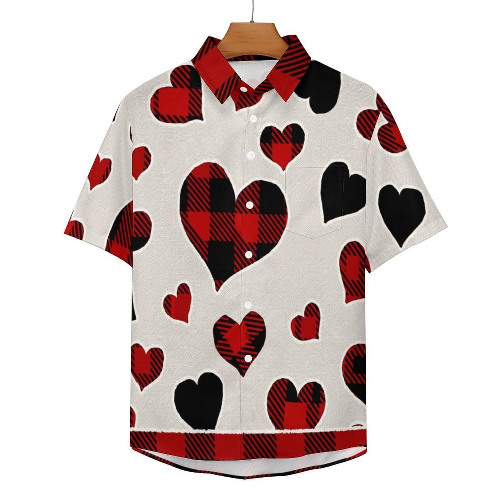 Camicia da Uomo a Maniche Corte con Bottoni, Stile Bordo A Griglia con Stampa Cuore, vestibilità Regolare, Camicie da Spiaggia Estiva Hawaiano, Aloha