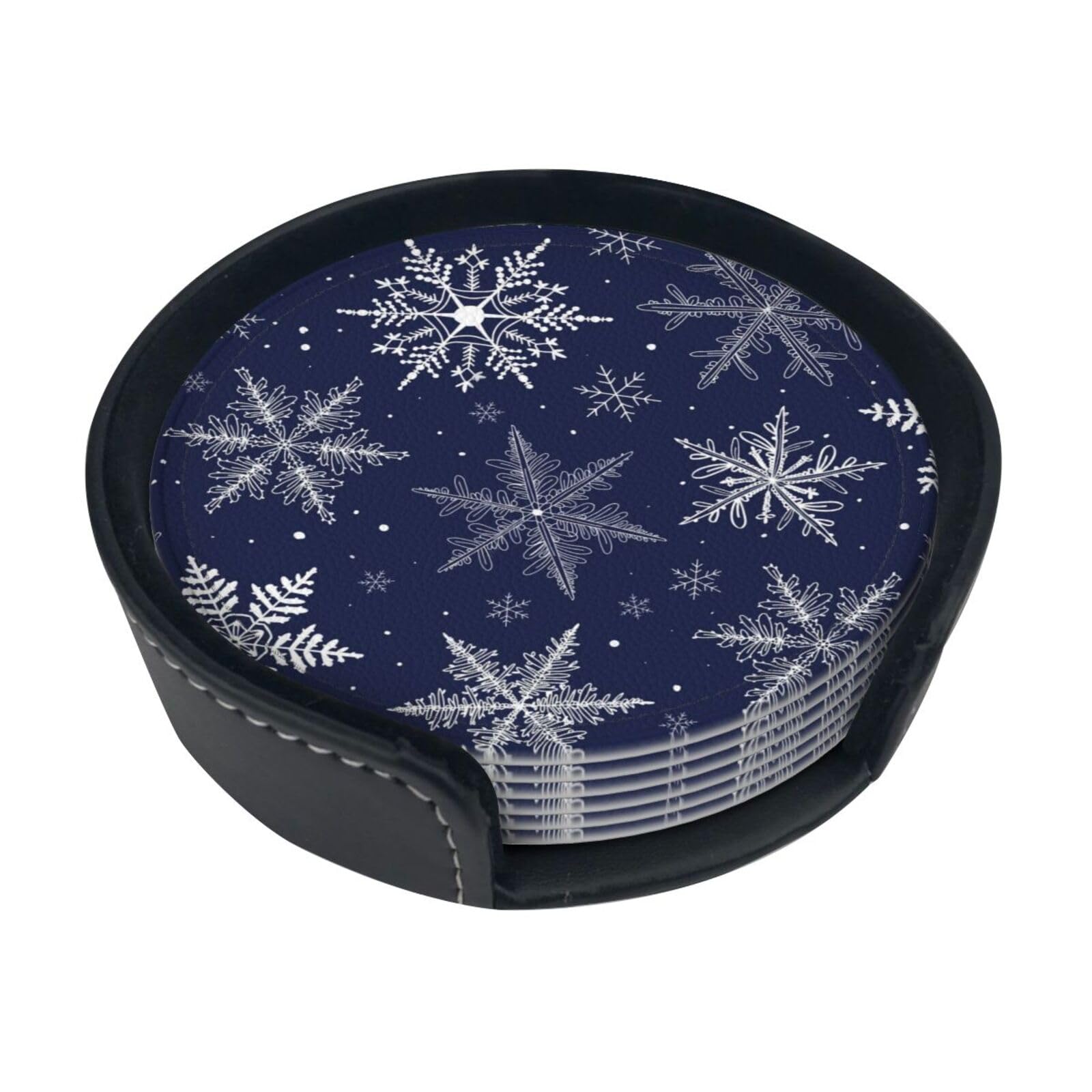 Poadnly As Picture Christmas Winter Snowflake Navy Blue,Set Of 6 Round Coasters, Pu Leather Drinks Coasters With Holder For Home Office Kitchen