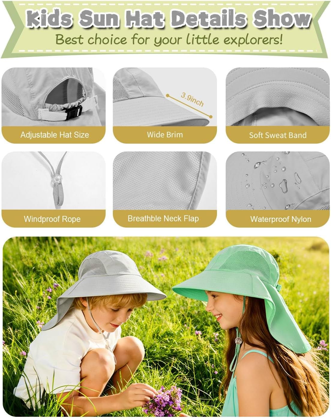 Rosoz Kids Sun Hat with Neck Flap UV Protection Summer Toddler Beach Hat Unisex Ponytail Hat Wide Brim Fishing Hat - Image 4