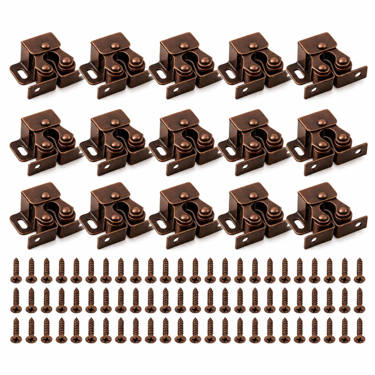 15 Pack Double Roller Catch Door Latches for Cabinets and Cupboards, Metal Roller Catches with Screws, Antique Bronze Cupboard Door Closers Kitchen Units, Wardrobes, Furniture Home DIY (15, Bronze)