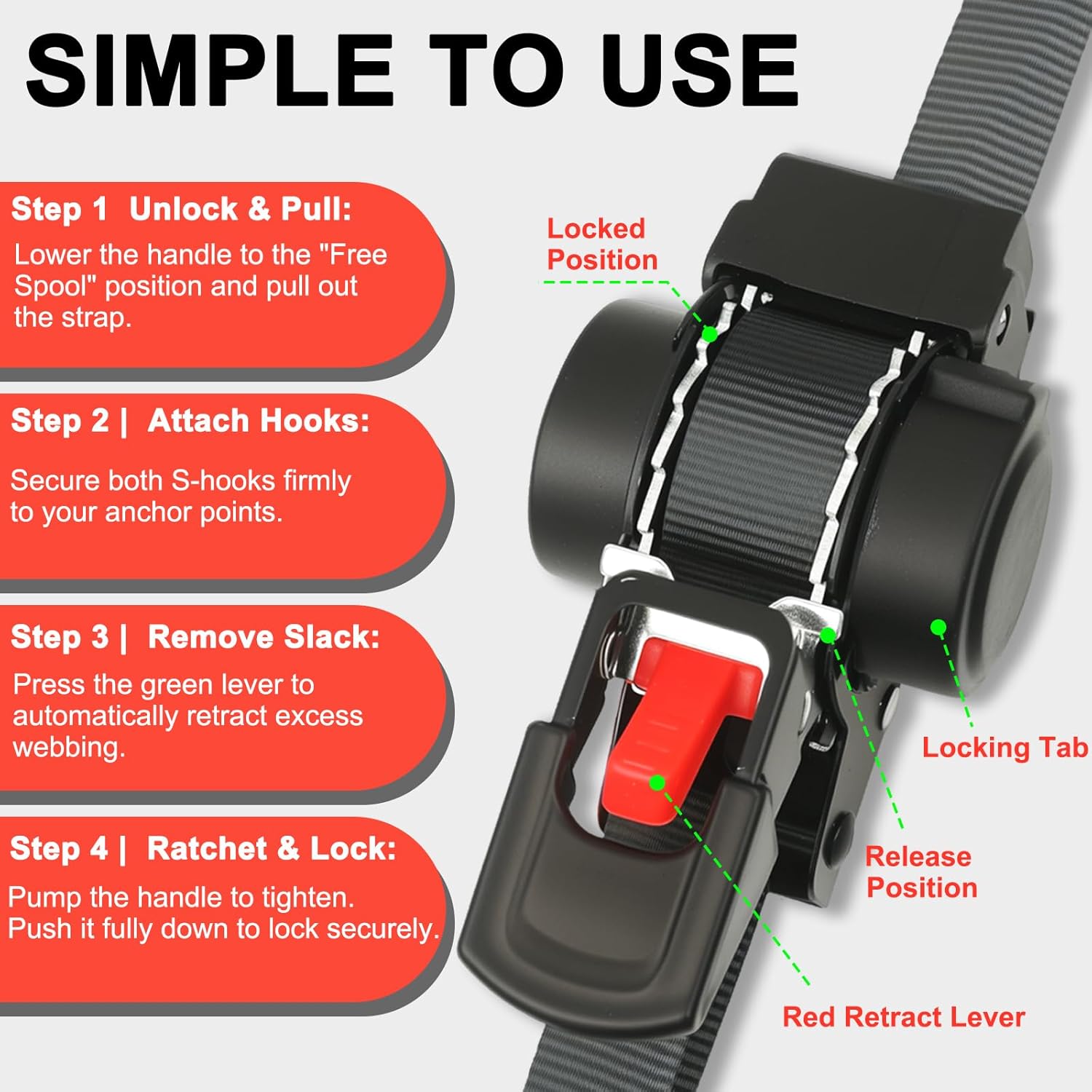 Auto Ratchet Tie Down Straps - 4-Pack Premium Retractable Strap Set, [1 Inch x 12 Feet], [1,800lb] Break Strength, Self Retracting Secure Hold for Truck, Cargo Trailer, Motorcycle, ATV, UTV (4)