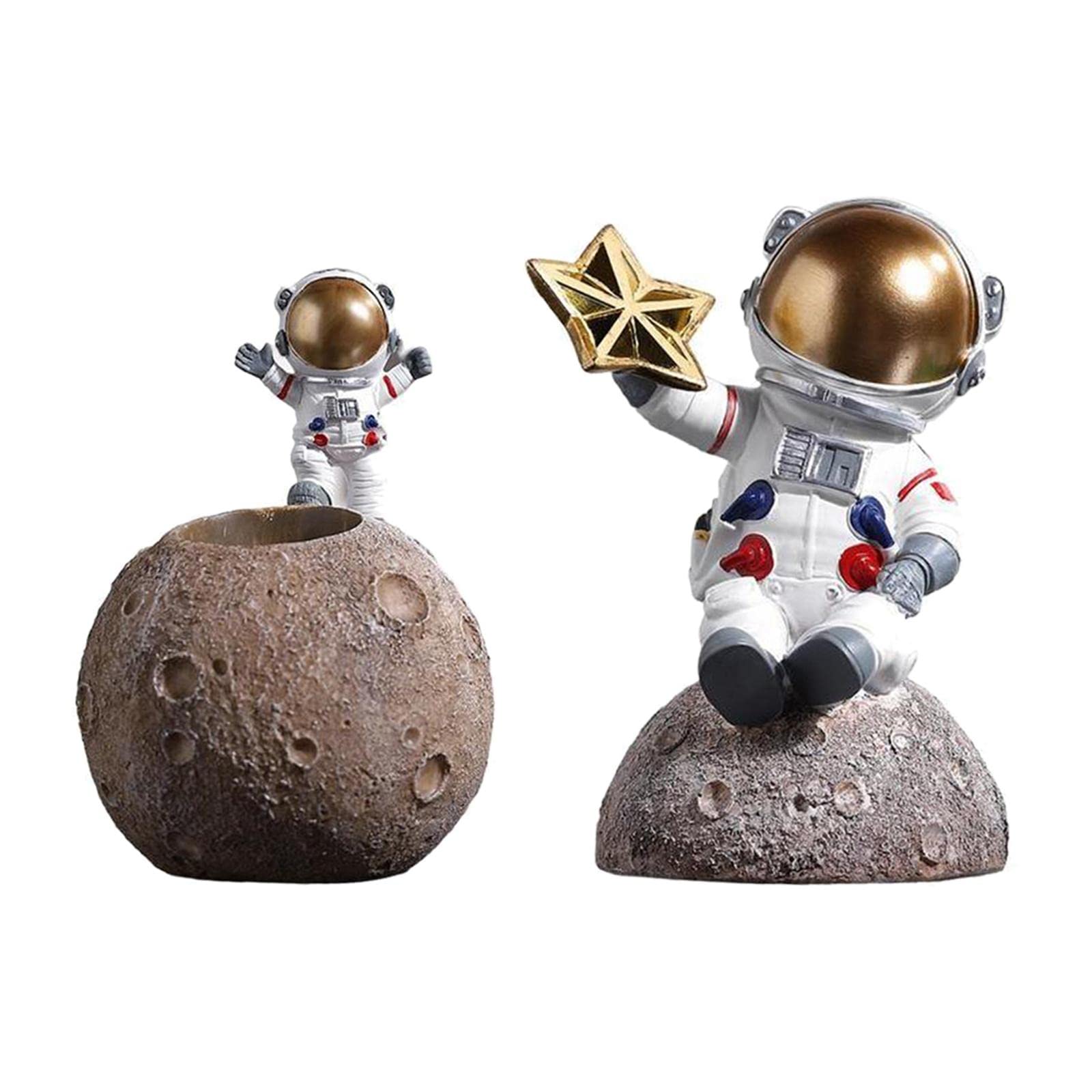 2 estatuas de astronauta de resina 3D de dibujos animados escultura luna oficina mesa arte visual decoración educativa ornamento