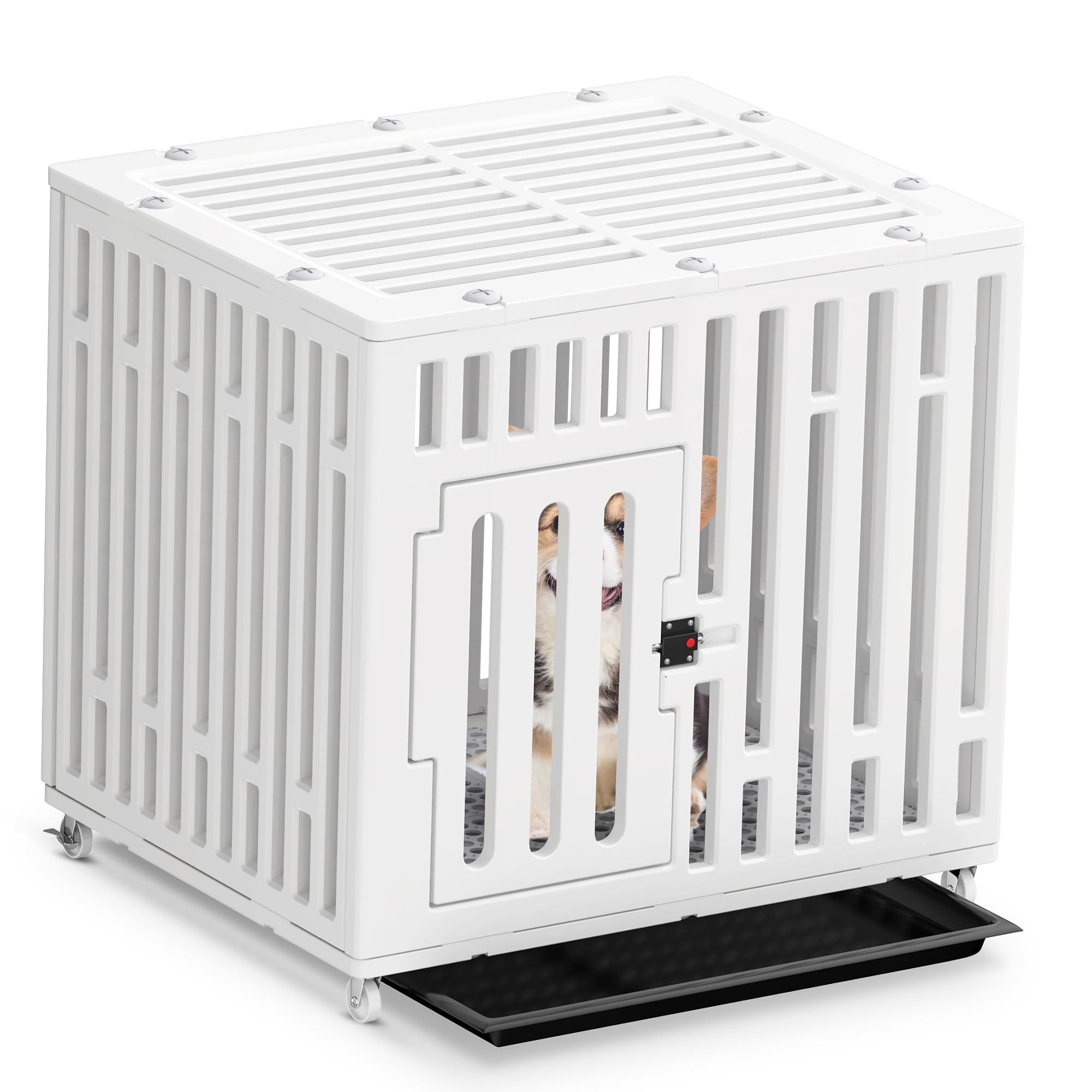 Junhonsion Small Dog Crate 67 cm (26.7-Inch), Small Medium Size HDPE Dog Cage Dog Kennels Furniture and Crates for Small Dogs Puppy with Locking Door, Lockable Wheels & Tray