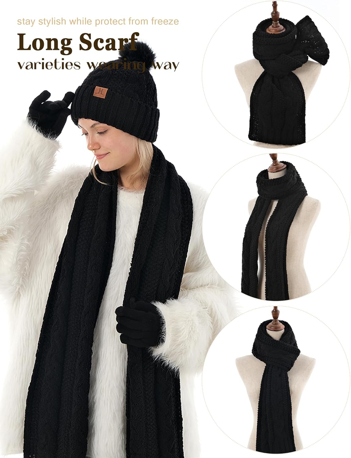 Hat Scarf And Gloves Set For Women, Womens Beanie Hats Thermal Touchscreen Gloves Scarf Scarves, Winter Accessories Sets - Image 5