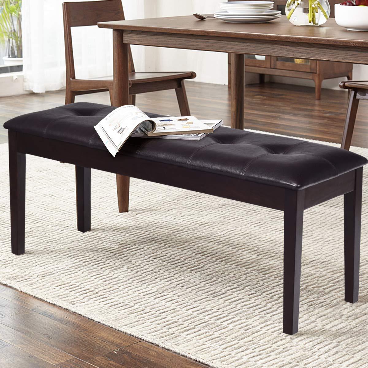 GYMAX Panca Imbottita, 2 Posti, con Superficie Trapuntata in PU e Bottoni Decorativi, Struttura in Legno con Piedini Antiscivolo, 116 x 38 x 48 cm (marrone)
