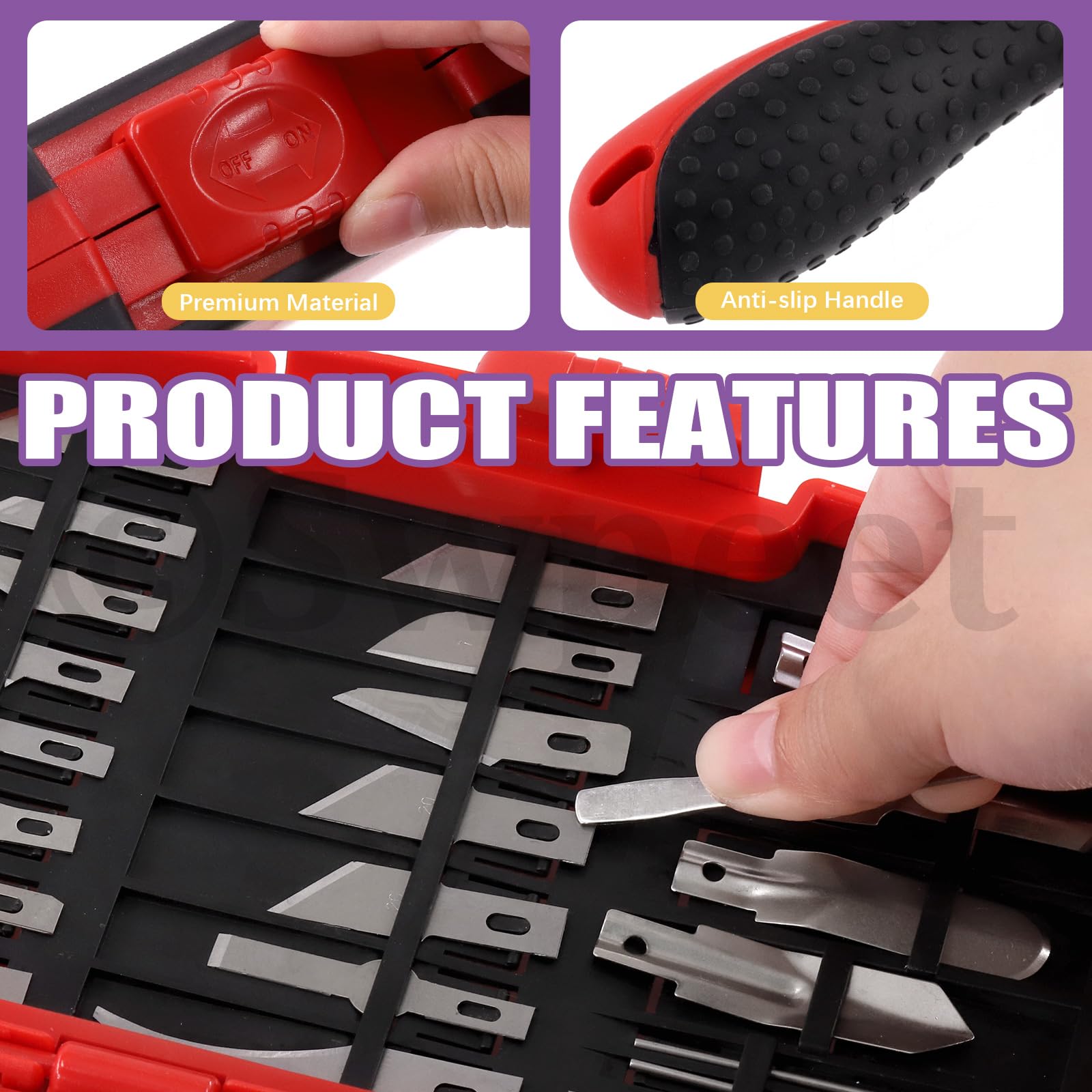 Swpeet 30Pcs Craft Knife, Rot Präzisionsschneider Hobby Messer Klingen Set enthält #1#2#4#7#10#11#12#17#19#20 Klingen, Haken/Spitzklingen, U/V Hohlmeißel, Messergriff, Nadel, Sandstein