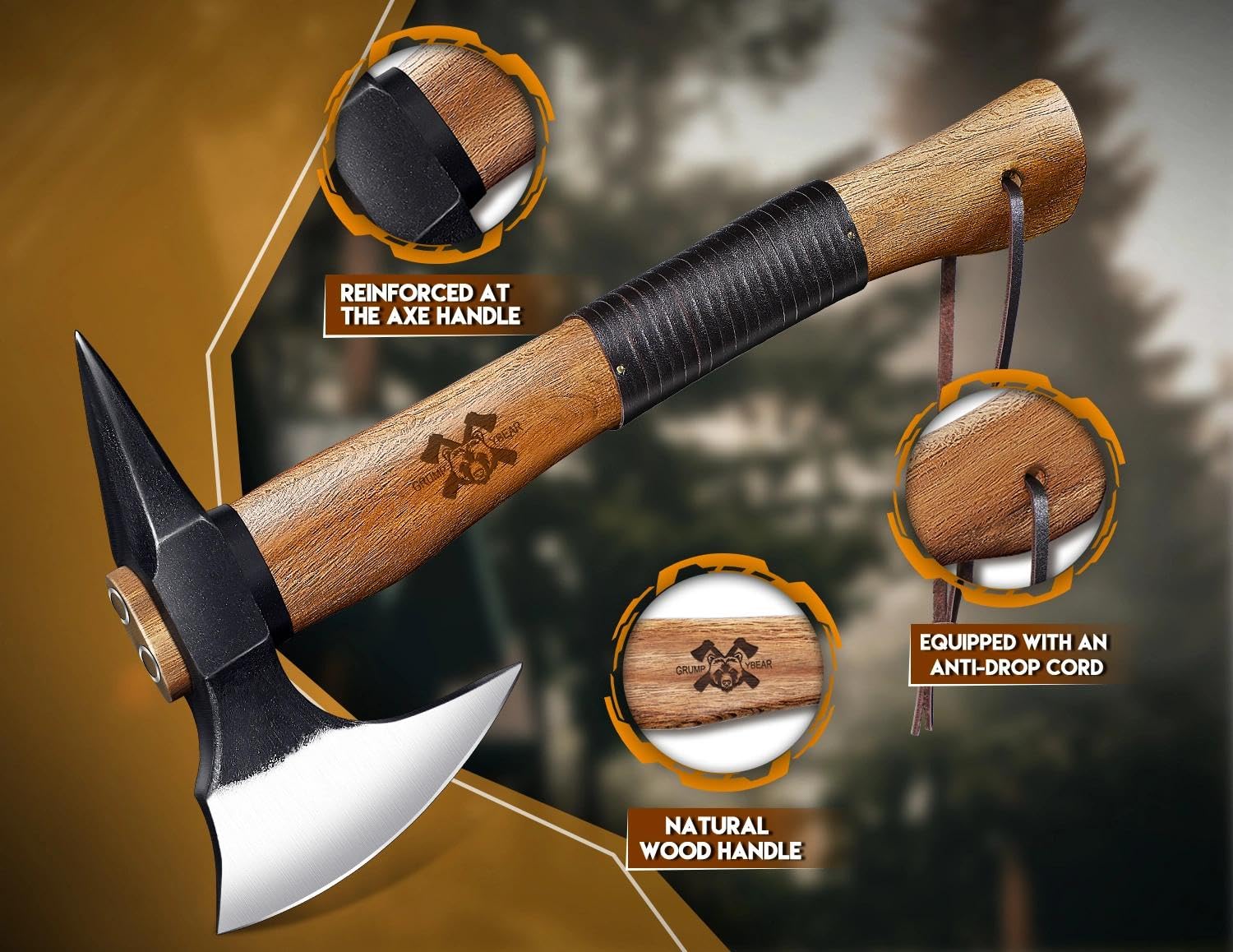 Beil Outdoor Holz Spalten Handgeschmiedet Handbeil mit Kuhfuß,Bushcraft Axt mit Holzgriff und Lederscheide,Camping Axt Geschenk für Männer Long