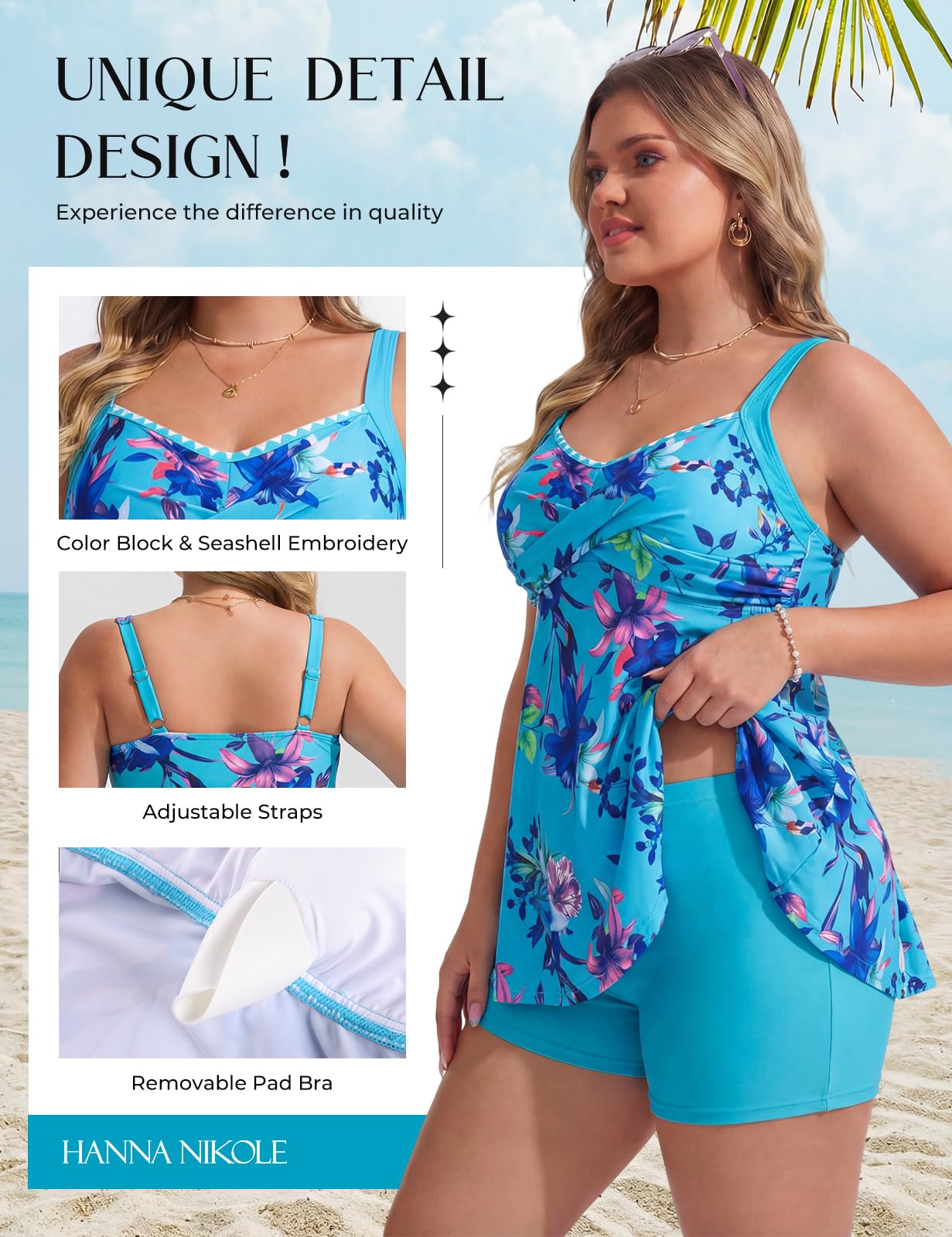 Hanna Nikole Tankini grande taille pour femme, maillot de bain deux pièces 2026, maillot de bain superposé, haut de bain trapèze avec short de plage taille haute