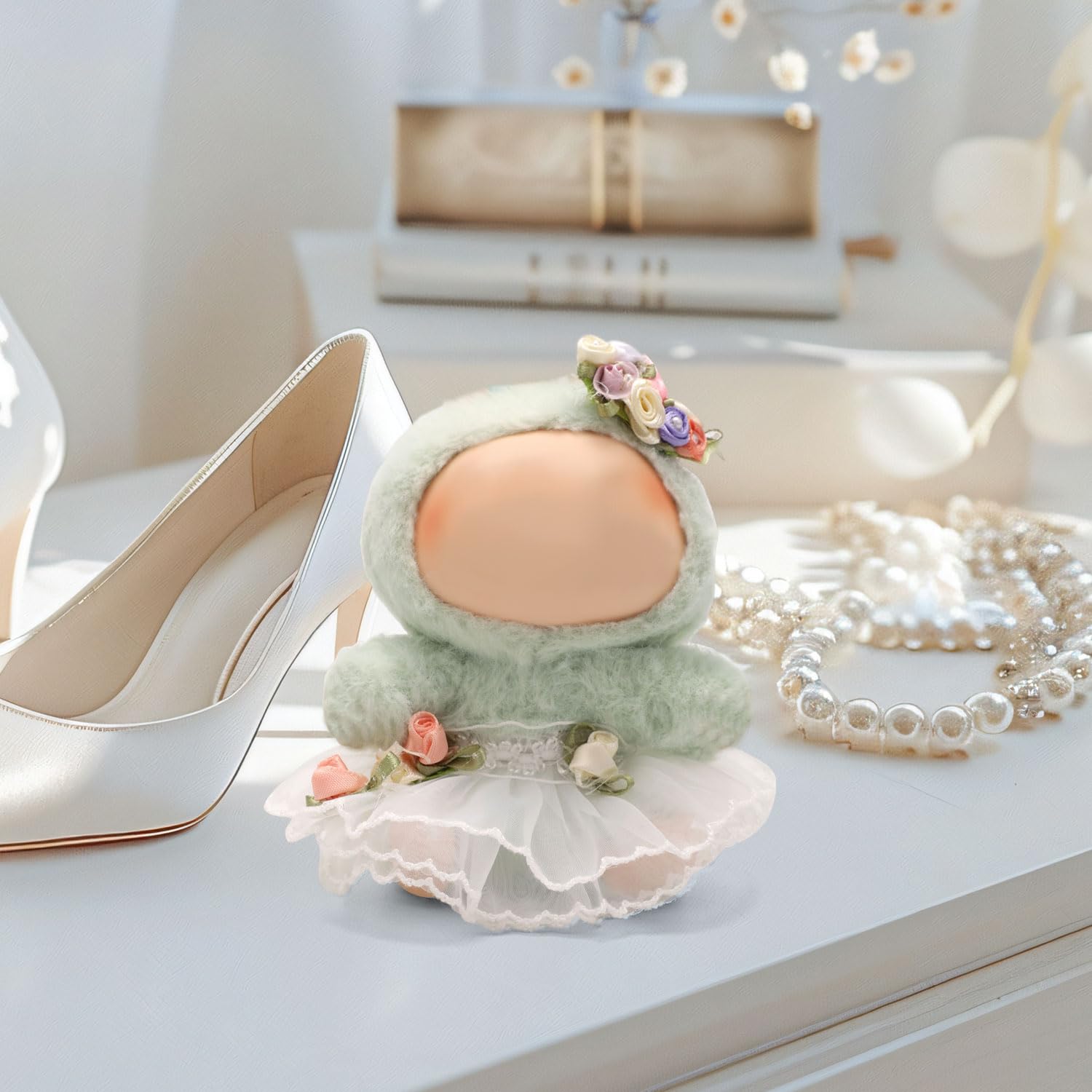 BOXOB Doll Wedding Dress Costume, Elegance Clothes Outfit Set for 15cm Sitting & 17cm Standing Plush Dolls Accessories White Wedding Dress with Flower Hair Clip - Image 3