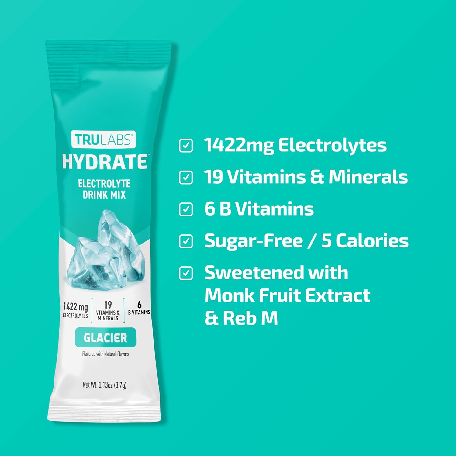 TRULABS Hydrate Electrolyte Drink Mix – Glacier Flavor, Sugar-Free Hydration Packets with 1422 mg Electrolytes & 19 Vitamins & Minerals, Monk Fruit Sweetened, On-the-Go Sticks (16 Count)
