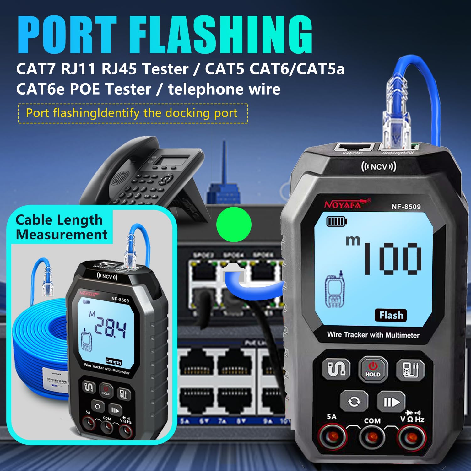 NOYAFA NF-8509 demonstrating port flashing and cable length measurement