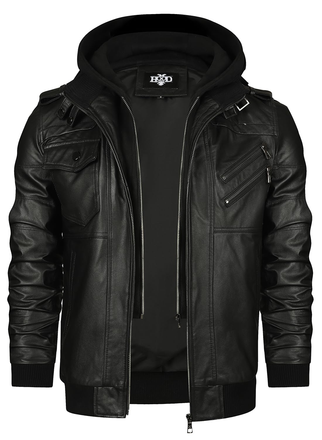 HOOD CREW Echtes Lederjacke Herren Rindsleder Bikerjacke Wintermäntel mit Kapuze für Herren