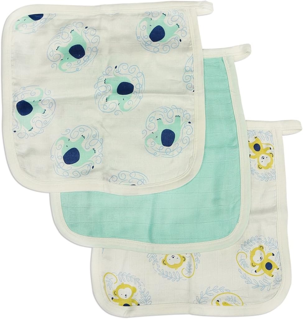 Silkberry Baby Bamboo Muslin Washcloth Set 3 Pack Elephant Mint Monkey