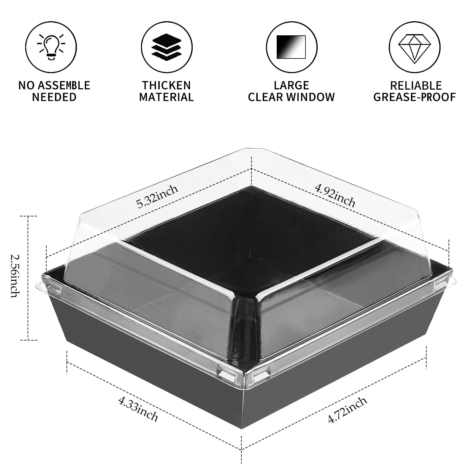 Ocmoiy Charcuterie-Boxen mit transparenten Deckeln, quadratisch, 12,7 cm, quadratisch, schwarz, Keksboxen, kleine Leckerli-Boxen für Kuchenscheiben, Gebäck, Sandwich, Dessert To Go, 100 Stück