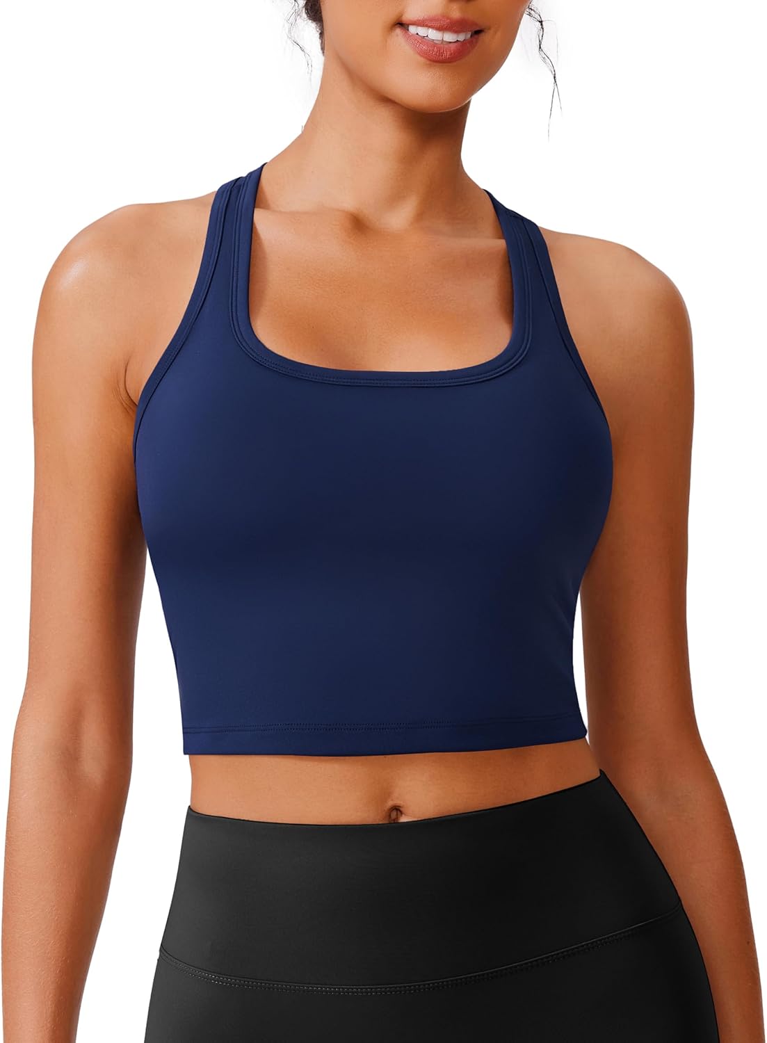 PINSPARK Racerback Crop Tank Tops for Women Longline Padded Sports Bra Scoop Neck Workout Yoga Top - Image 2