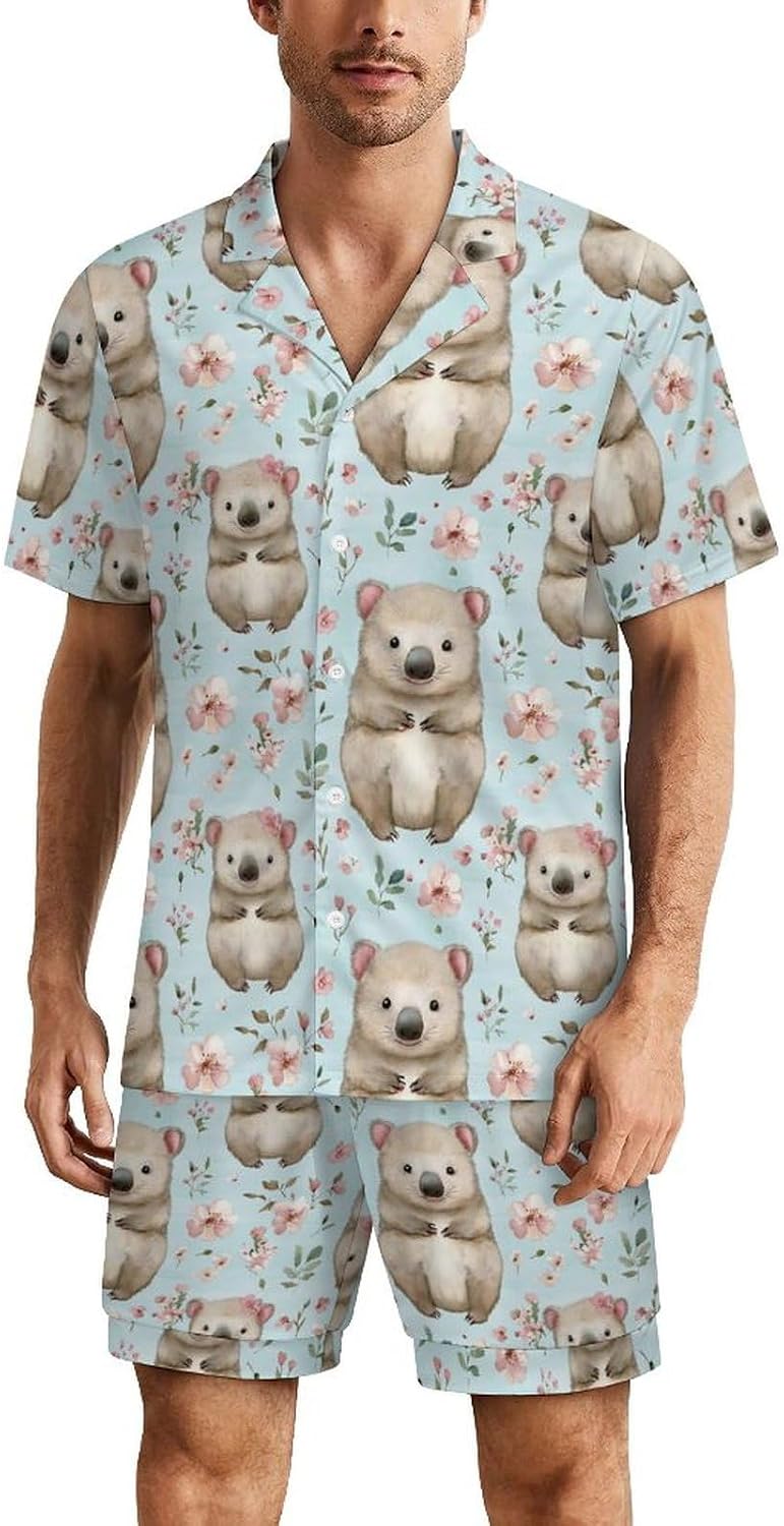 Cute Wombat And Flowers Pattern Men's Short Sleeve Pajama Set Satin Silk Like Lounge Sleepwear
