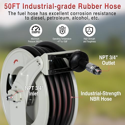Miniatura 4 de Carrete de manguera de combustible diésel retráctil de 34 pulgadas x 50 pies, rebobinado automático accionado por resorte, construcción de acero