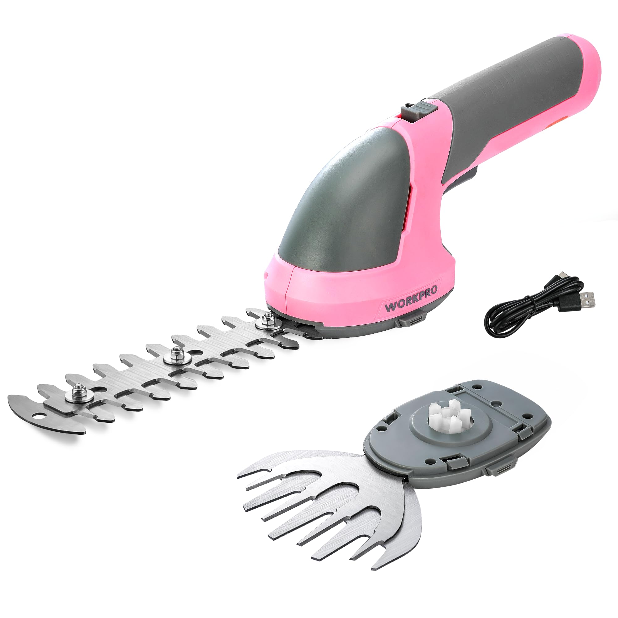 WORKPRO Gartenschere Akku 7,2V Rosa, Handliche Grasschere Elektrisch mit 2 Messern 2.000mAh Akku und Typ C Kabel, 2 in 1 Heckenschere mit Schnittbreite 10cm, Schnittlänge 15cm