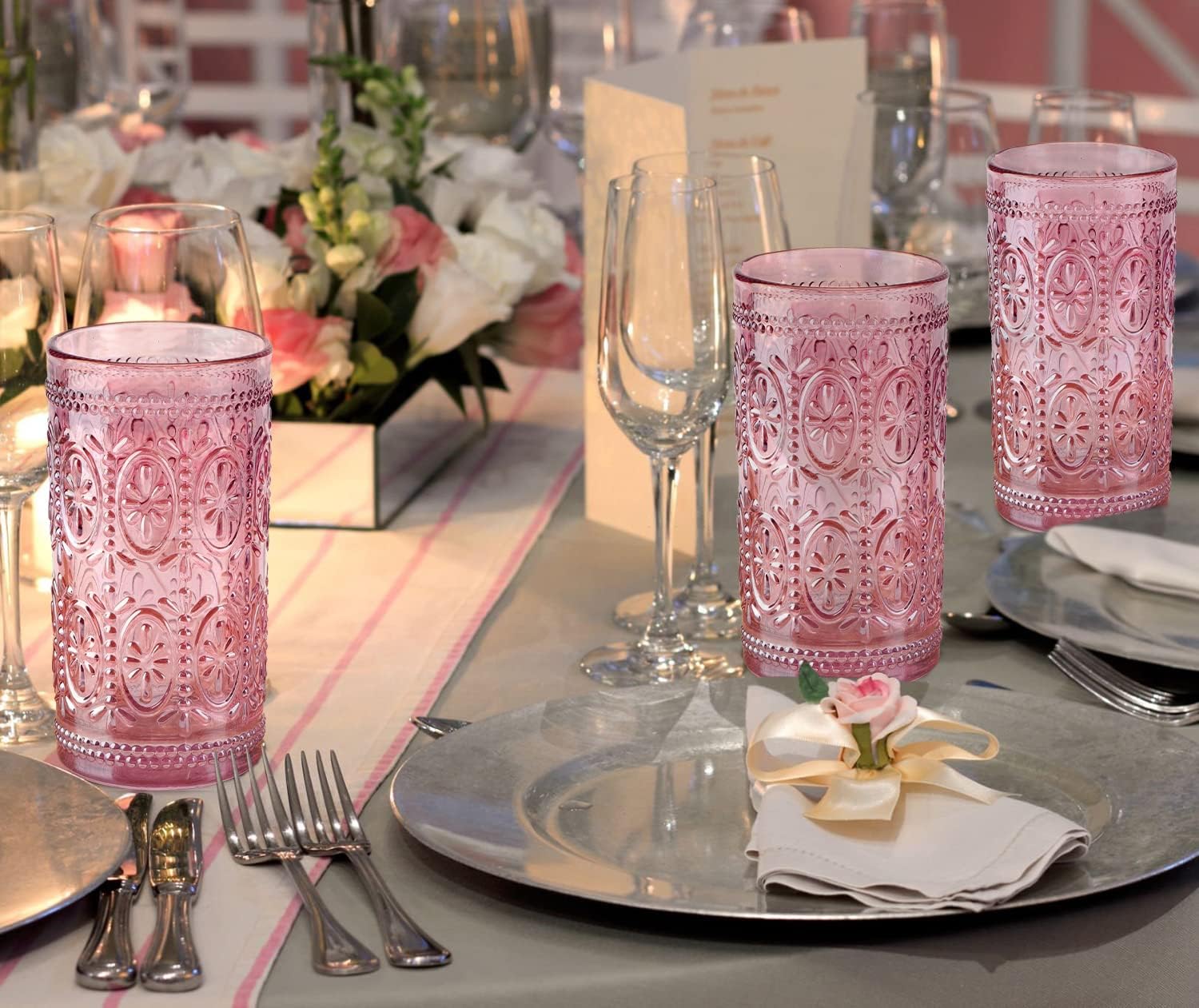 Darlion 6 Pack Pink Glassware Drinking, 12oz Highball Embossed Beverage Glass Cup, Vintage Drinking Glasses, Colored Water Glasses for Party Wedding Home Office and Gift - Image 9