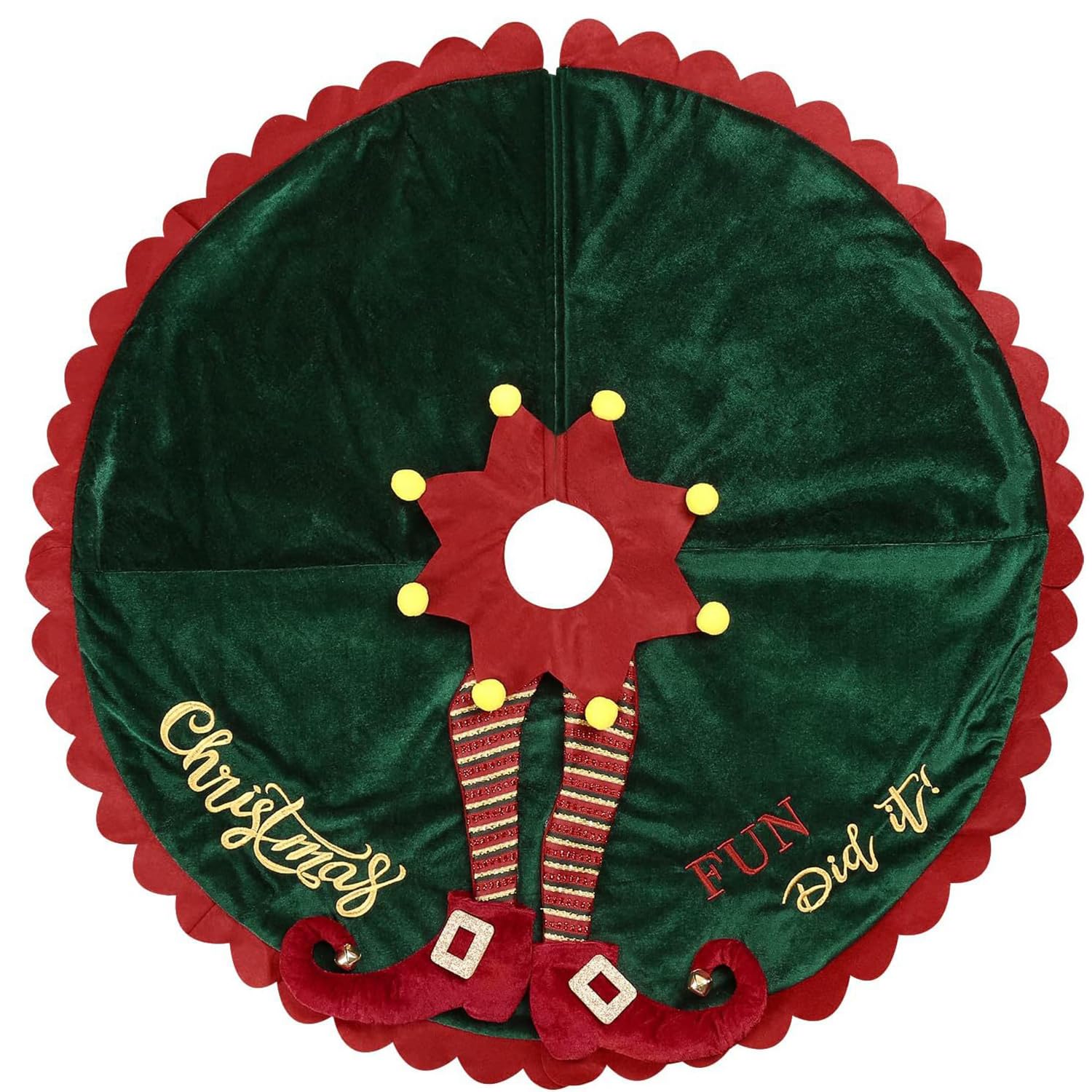 Ipalmay Christmas Tree Skirt 48inch - Green Red Elf Christmas Tree Skirt, Velvet Christmas Tree Mat Cover with Elf Legs Ripple Trim, Holiday New Year