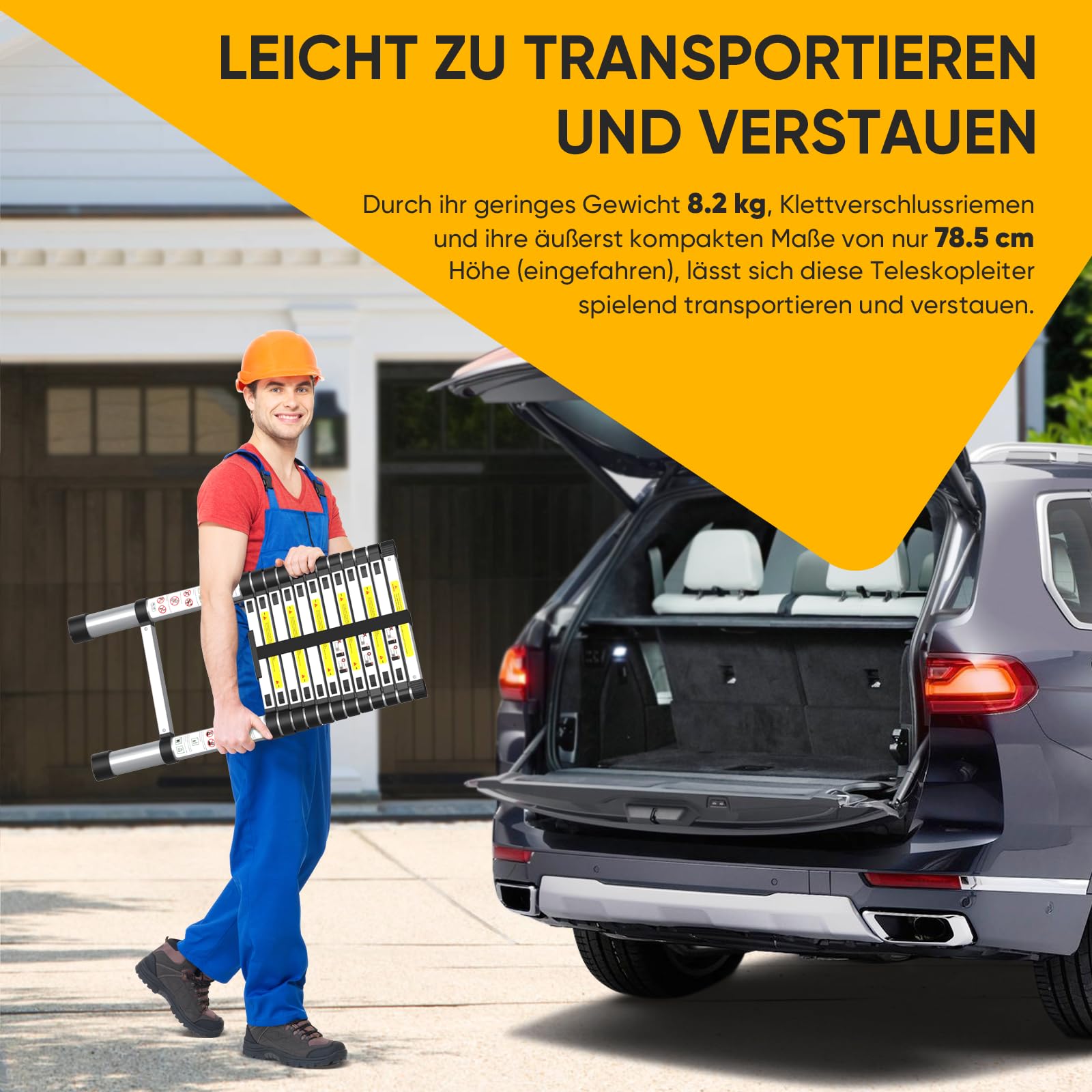 Teleskopleiter, Ausziehleiter mit 11 Sprossen, Max. Arbeitshöhe 3,95 m, Mit Klettverschluss, Leicht zu Verstauen & Transport, Klappbar, Platzsparend, Belastbar bis 150 kg (Leiterlänge 3,2 m)