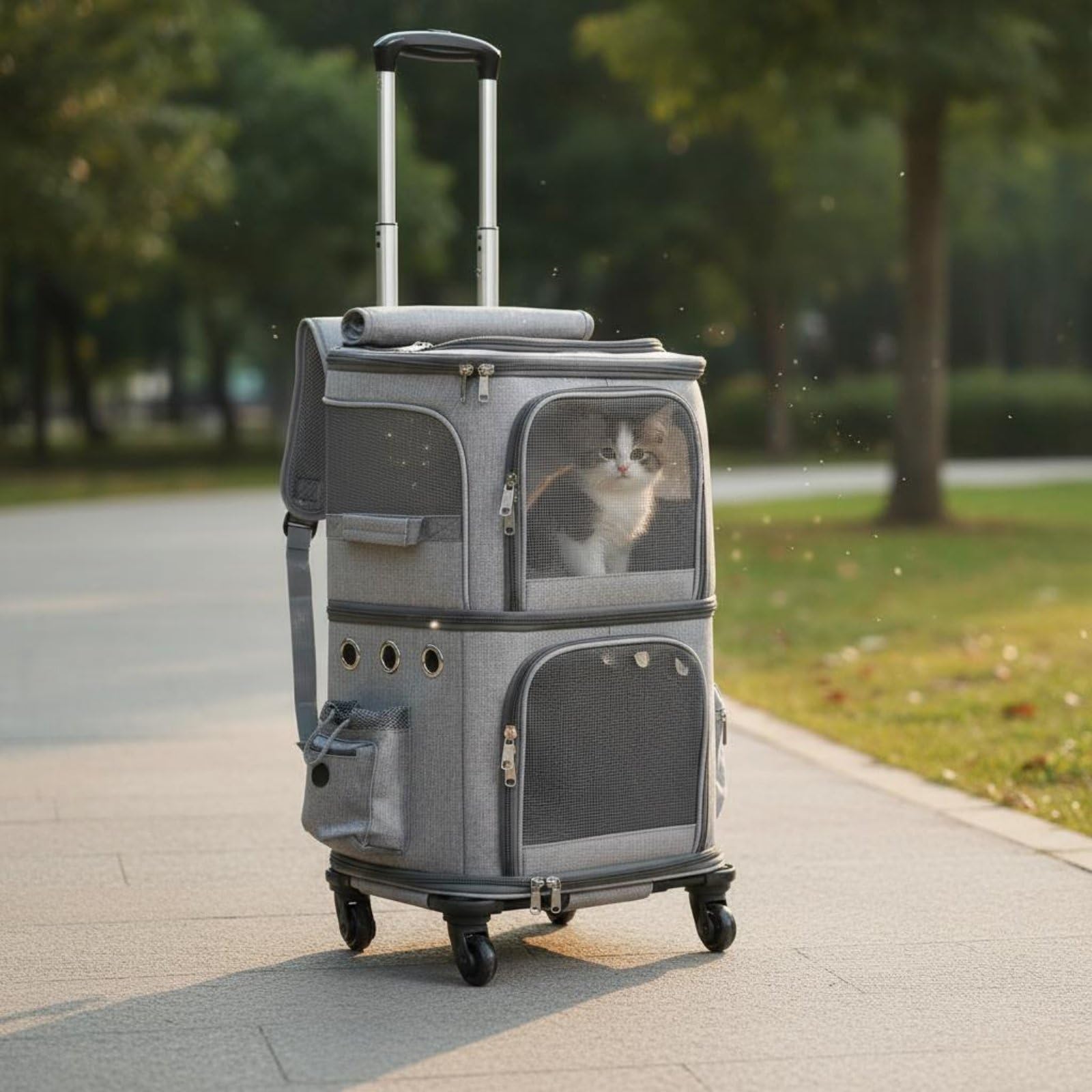 Travel Carrier Doppelstock Haustier Trolley Tasche Tiertransport Tasche Haustierkoffer mit Rollendem Fahrwerk Und Tragbarem Griff aus Oxford mit, Blau, Dunkelblau, Groß 35 28 63 Cm